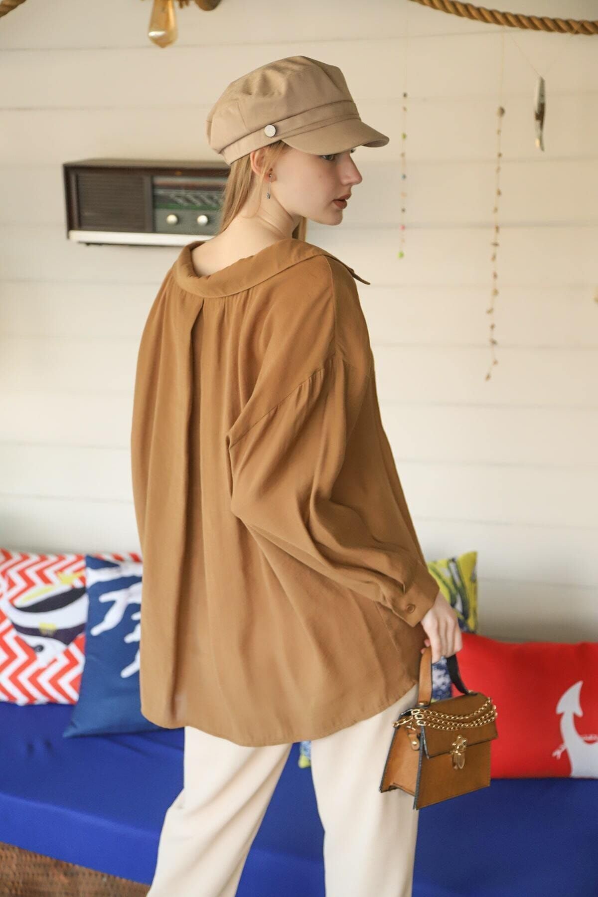 Kadın Kahve Owersize Uzun Basic Gömlek