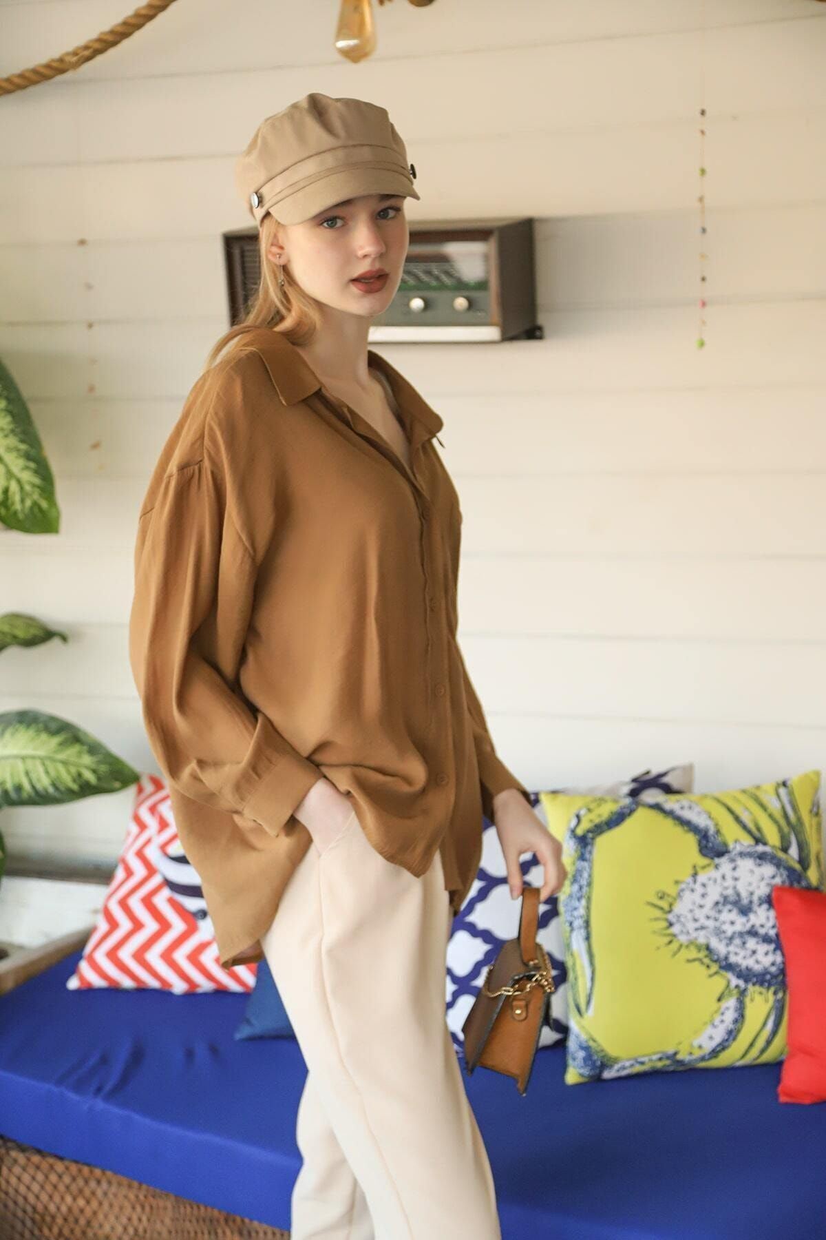 Kadın Kahve Owersize Uzun Basic Gömlek