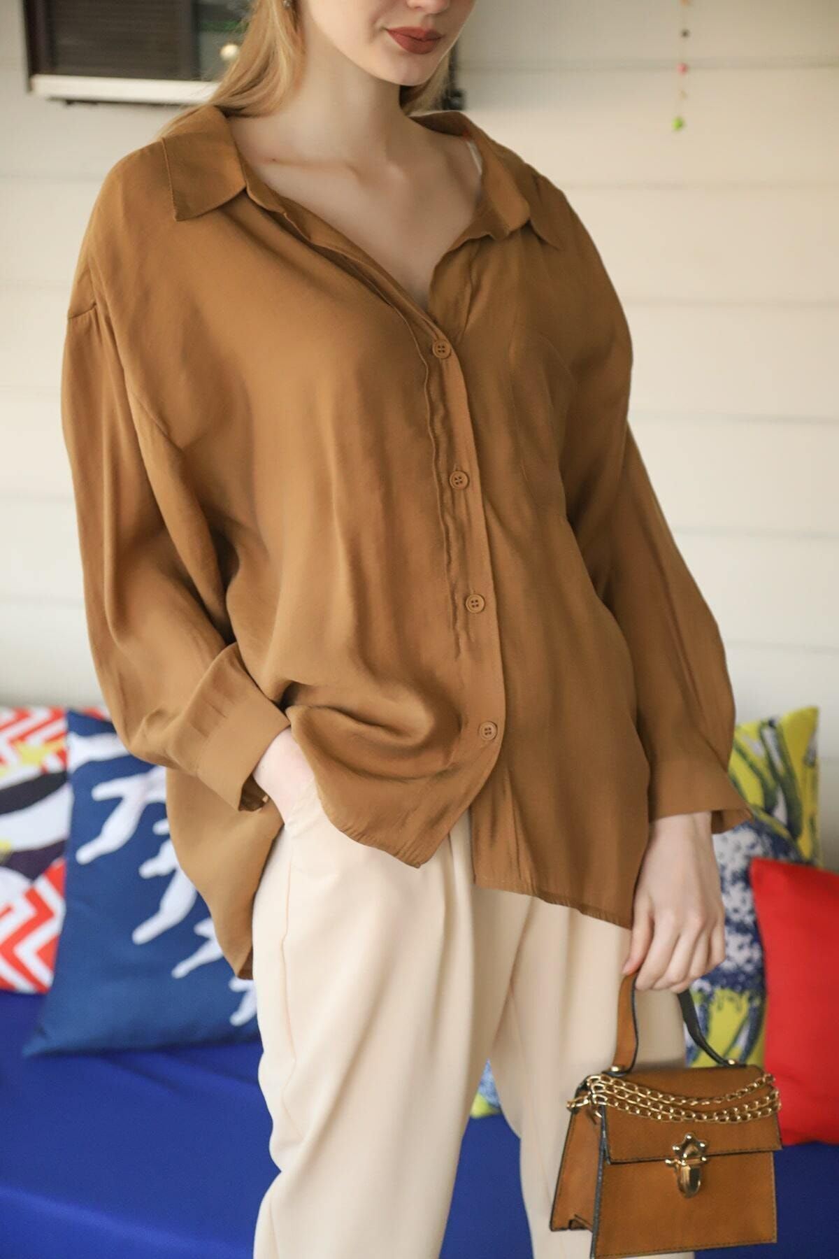 Kadın Kahve Owersize Uzun Basic Gömlek