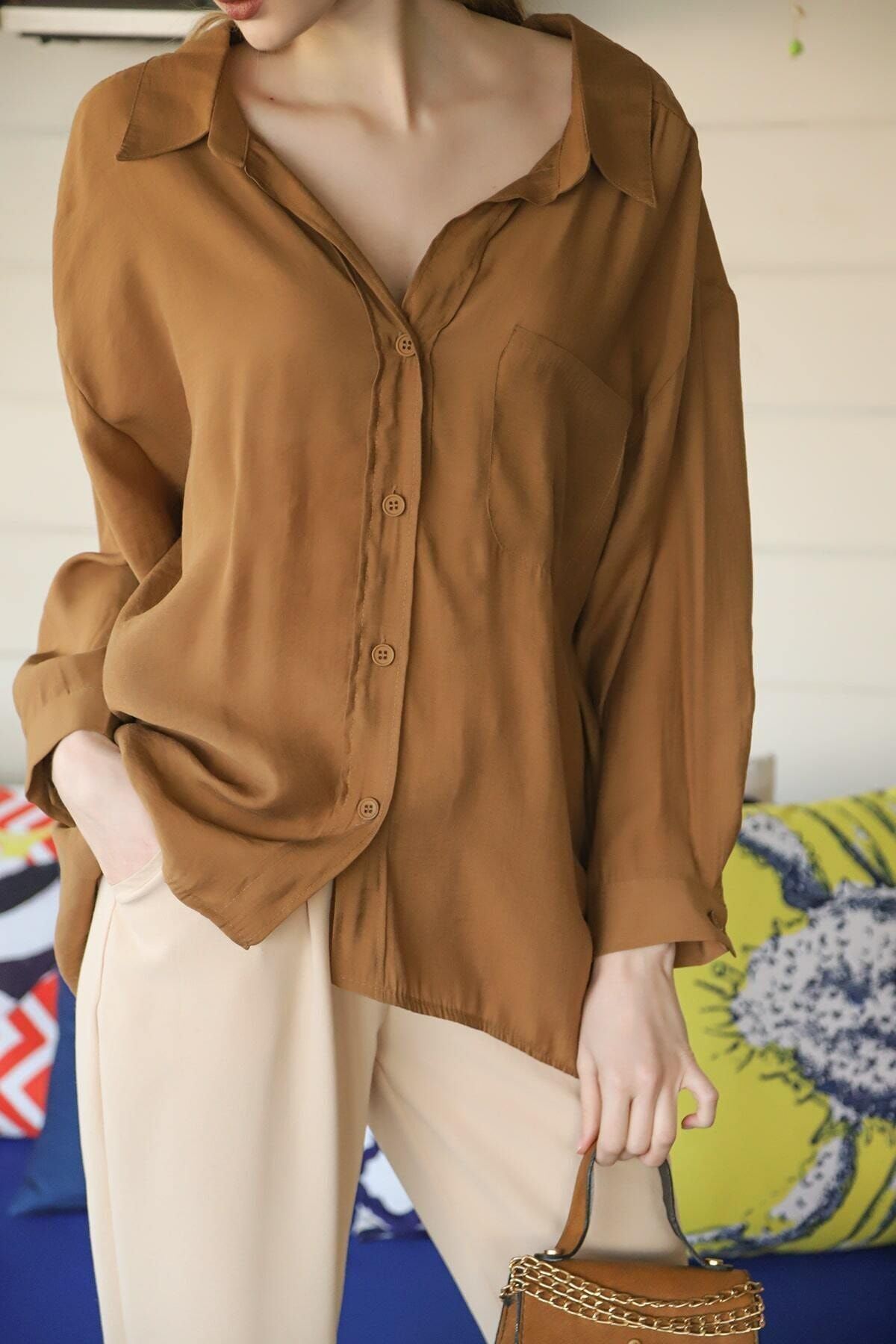 Kadın Kahve Owersize Uzun Basic Gömlek