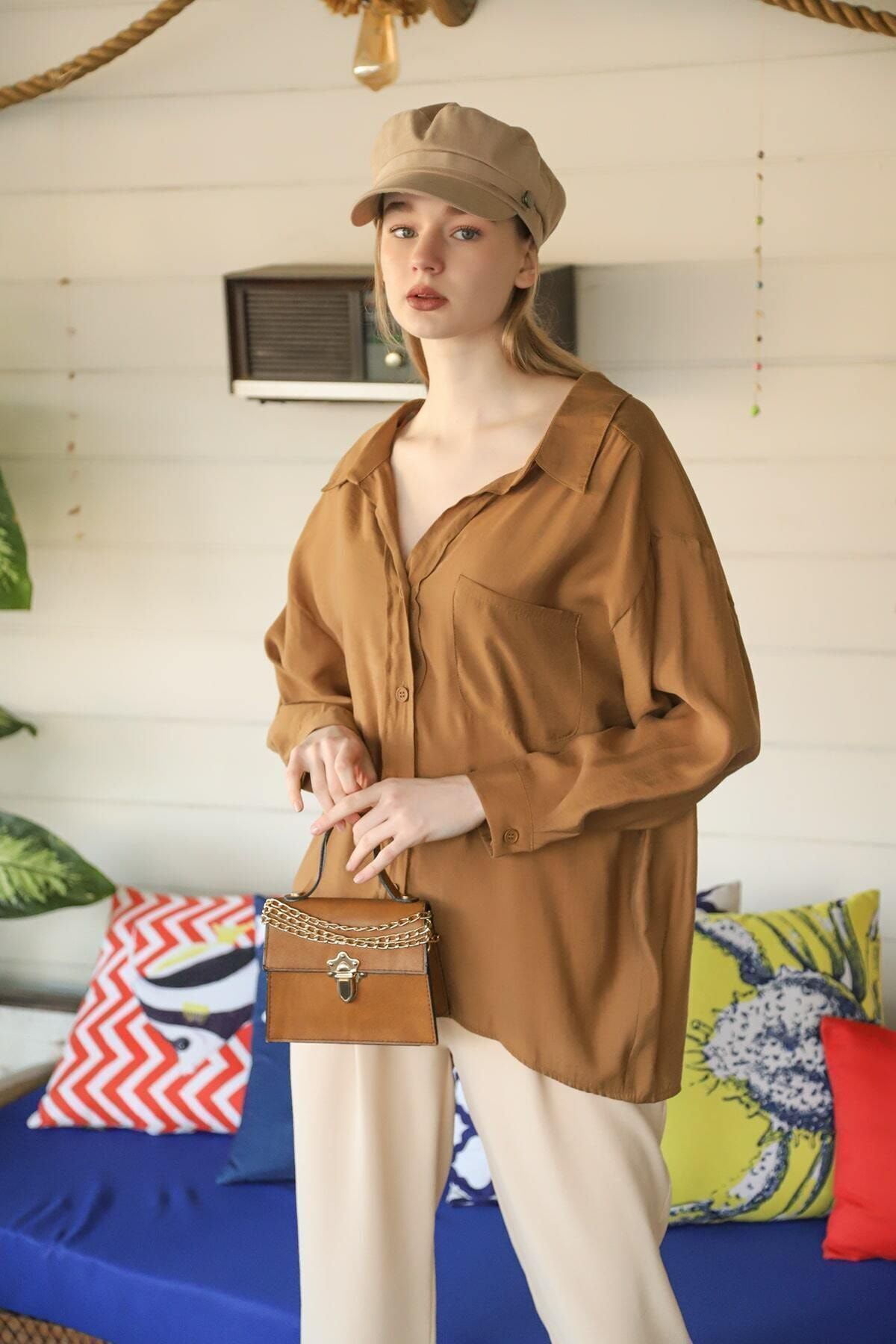 Kadın Kahve Owersize Uzun Basic Gömlek