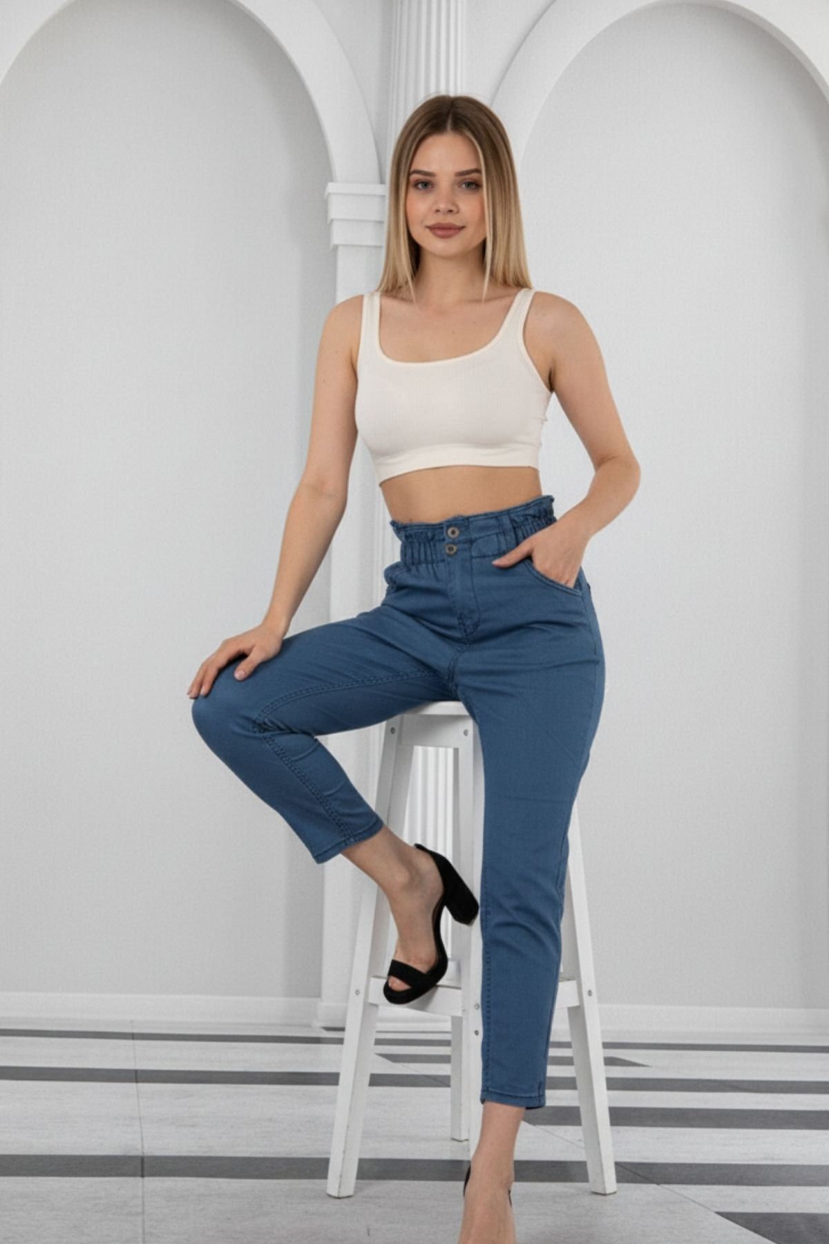 Kadın Bel Lastikli Yüksek Bel İnce Kumaş Kot Pantolon