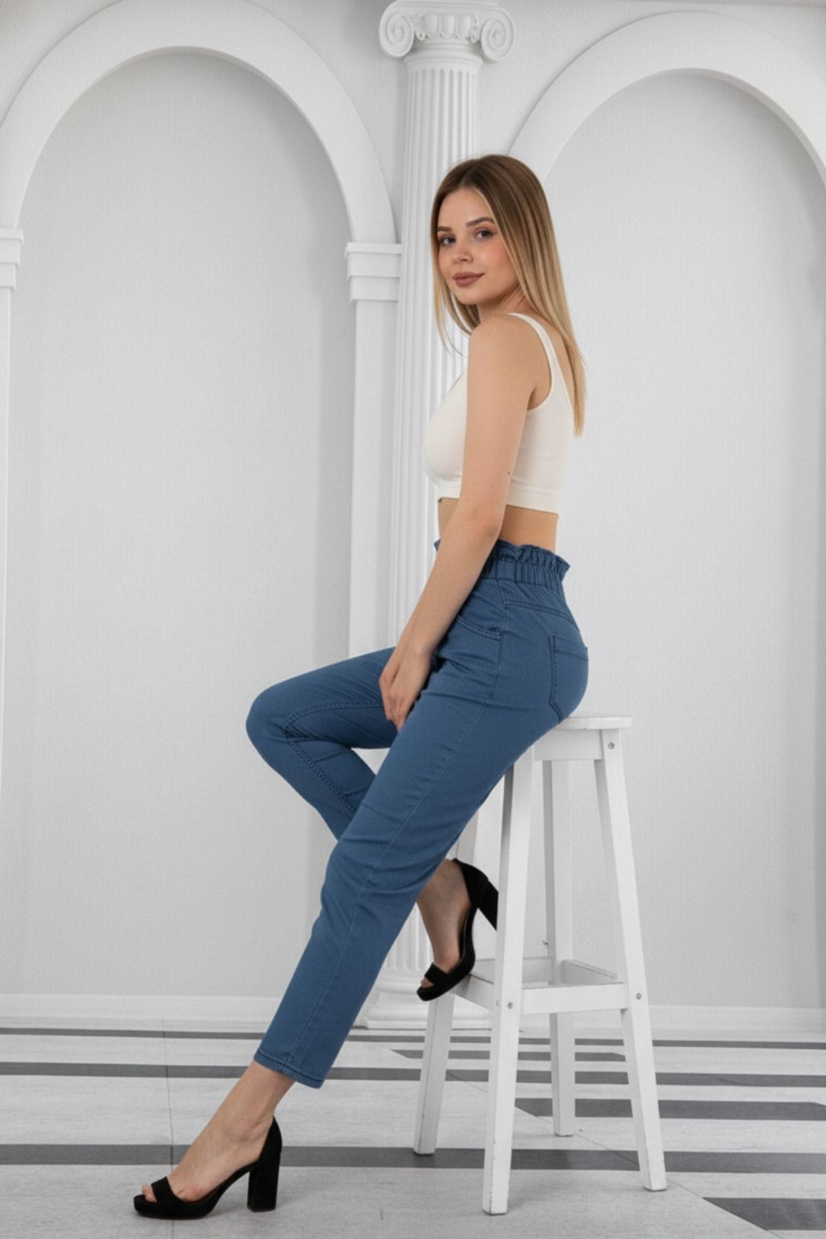 Kadın Bel Lastikli Yüksek Bel İnce Kumaş Kot Pantolon