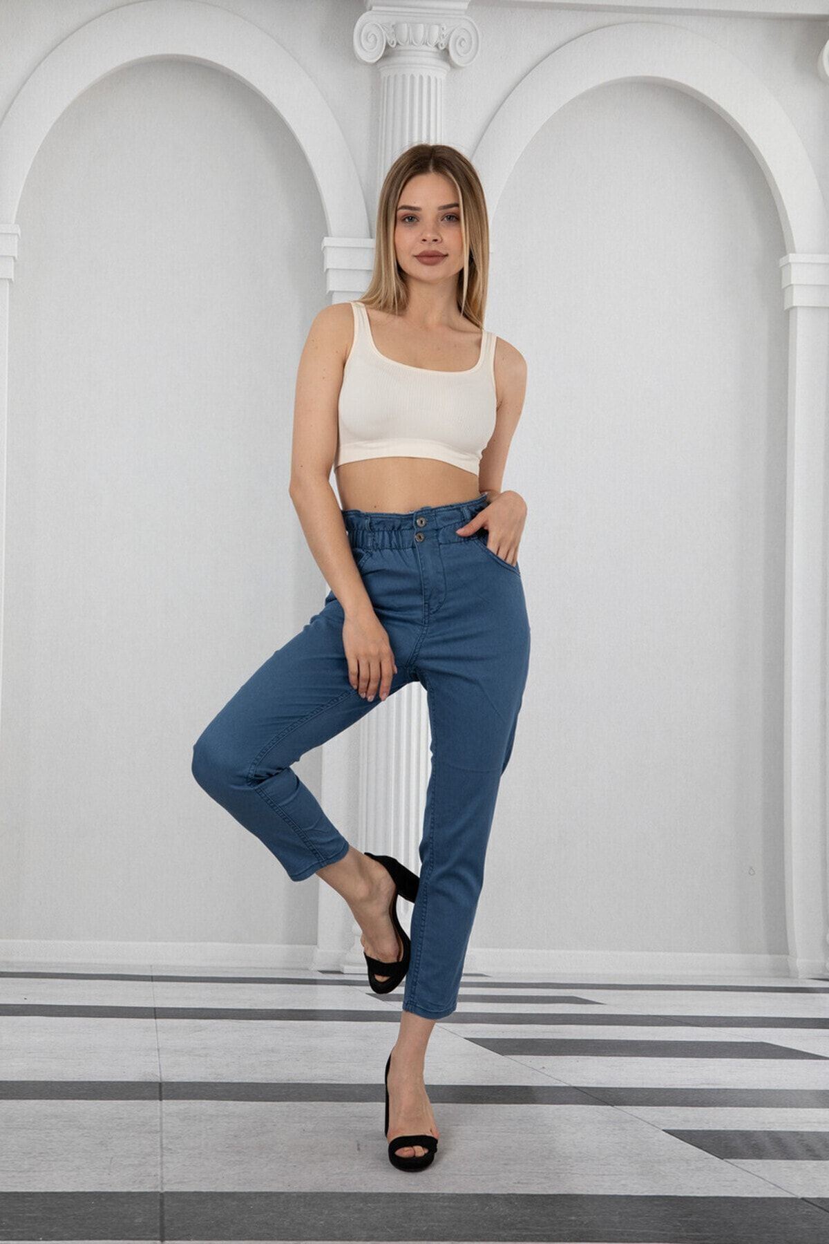 Kadın Bel Lastikli Yüksek Bel İnce Kumaş Kot Pantolon