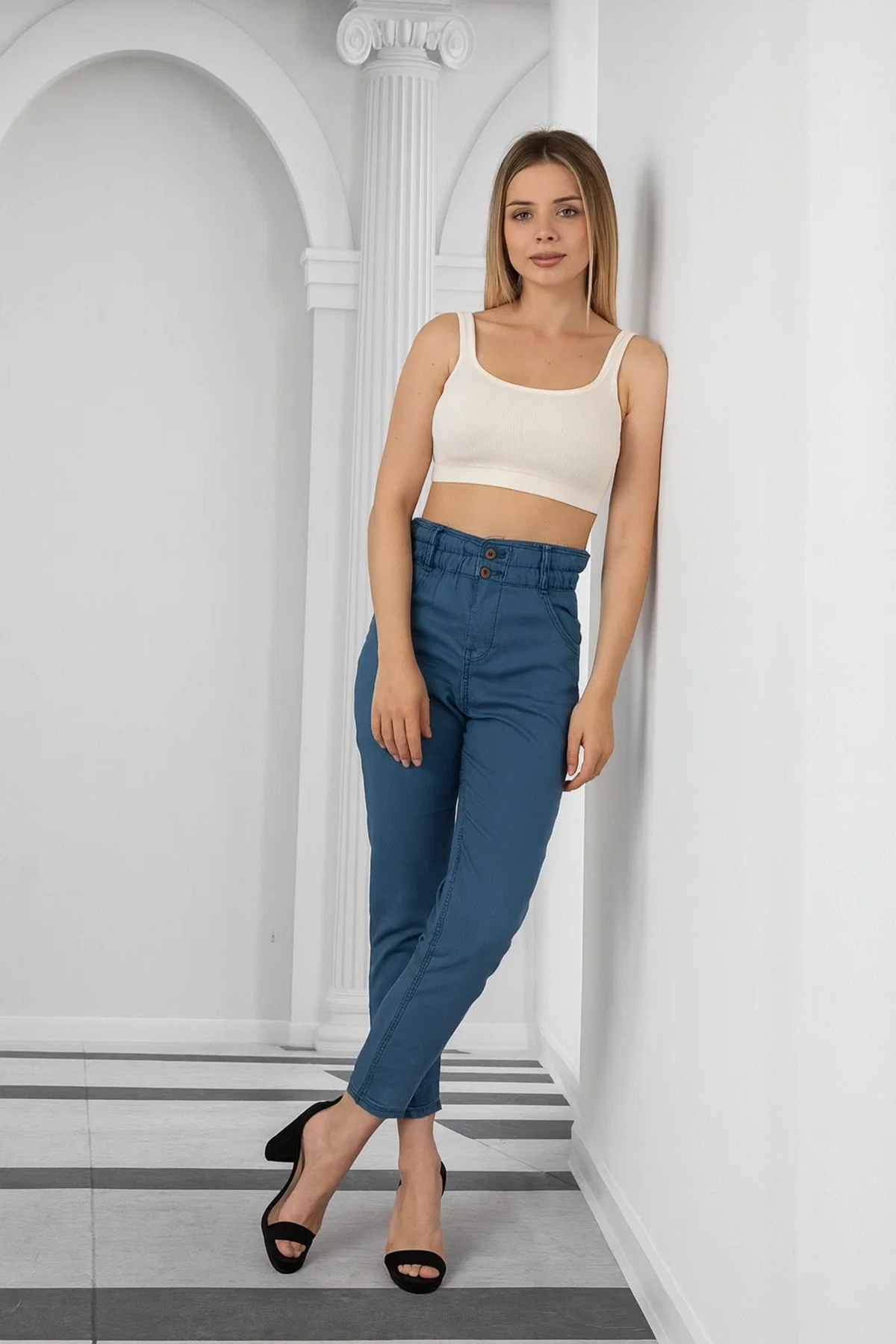 Kadın Bel Lastikli Yüksek Bel İnce Kumaş Kot Pantolon