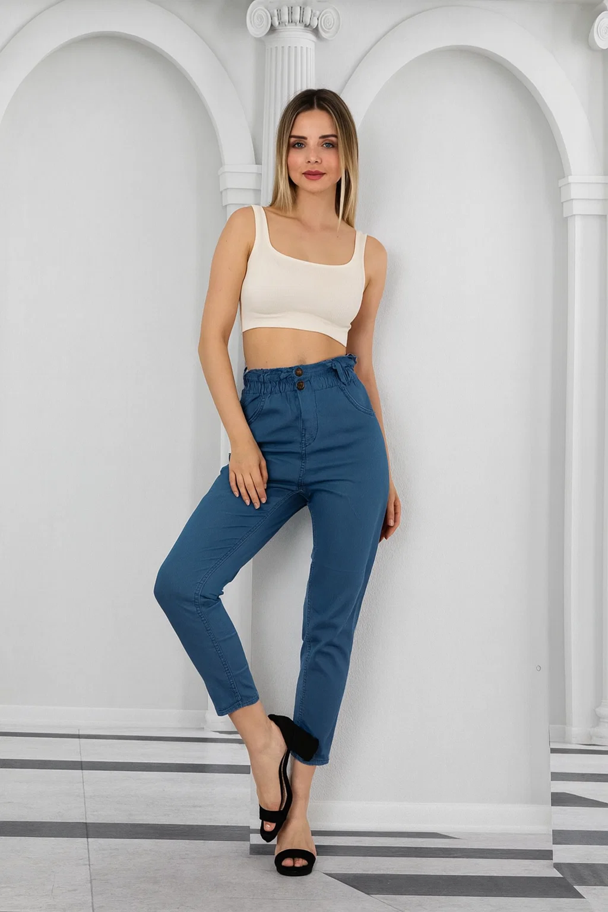 Kadın Bel Lastikli Yüksek Bel İnce Kumaş Kot Pantolon