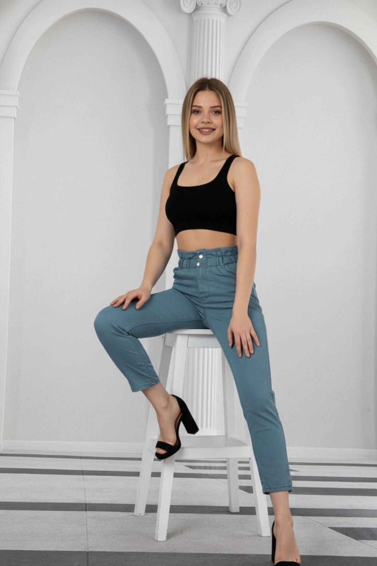 Kadın Lacivert Bel Lastikli Yüksek Bel İnce Kumaş Kot Pantolon