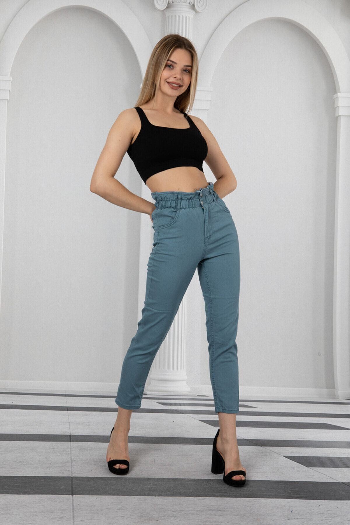 Kadın Lacivert Bel Lastikli Yüksek Bel İnce Kumaş Kot Pantolon