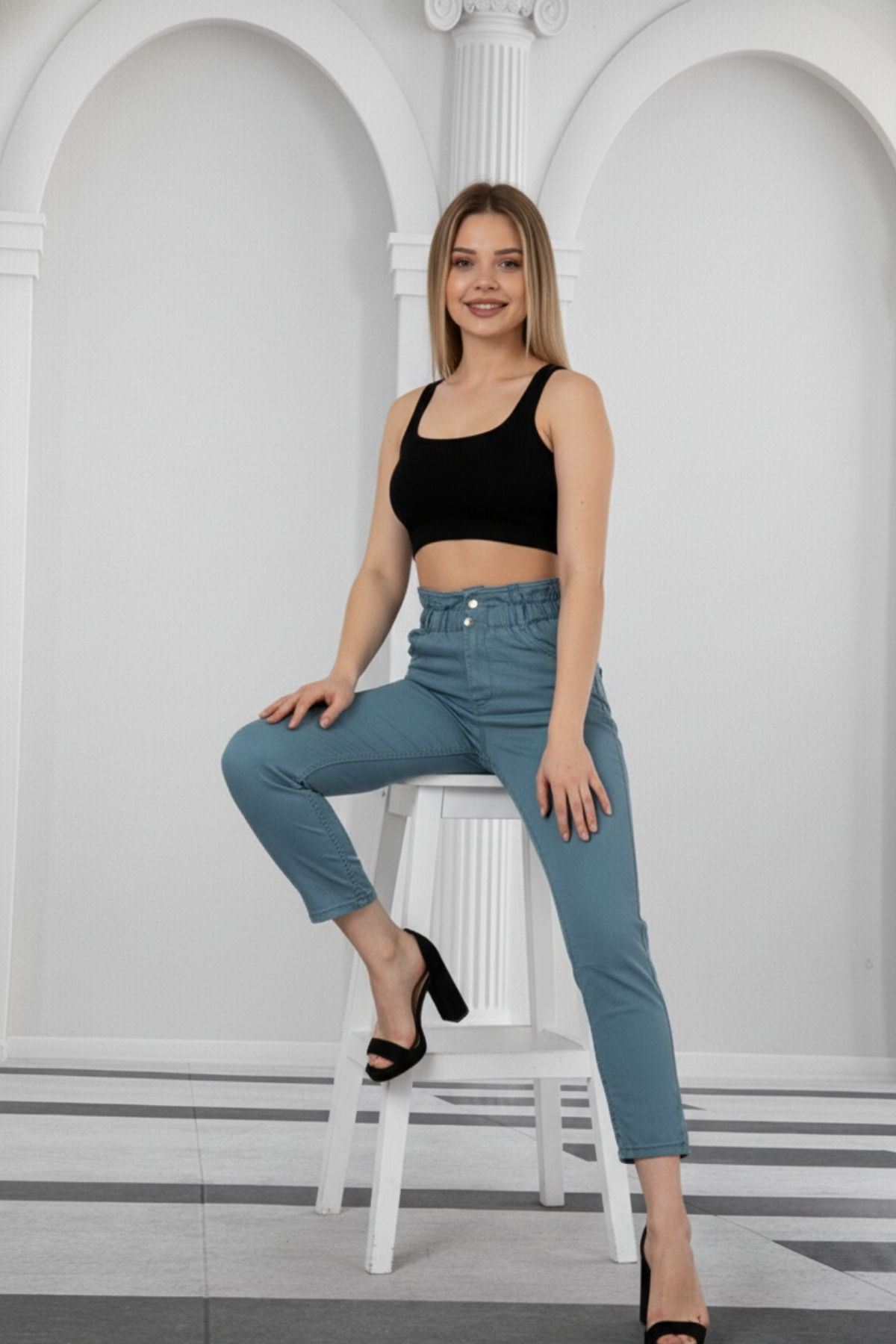 Kadın Lacivert Bel Lastikli Yüksek Bel İnce Kumaş Kot Pantolon