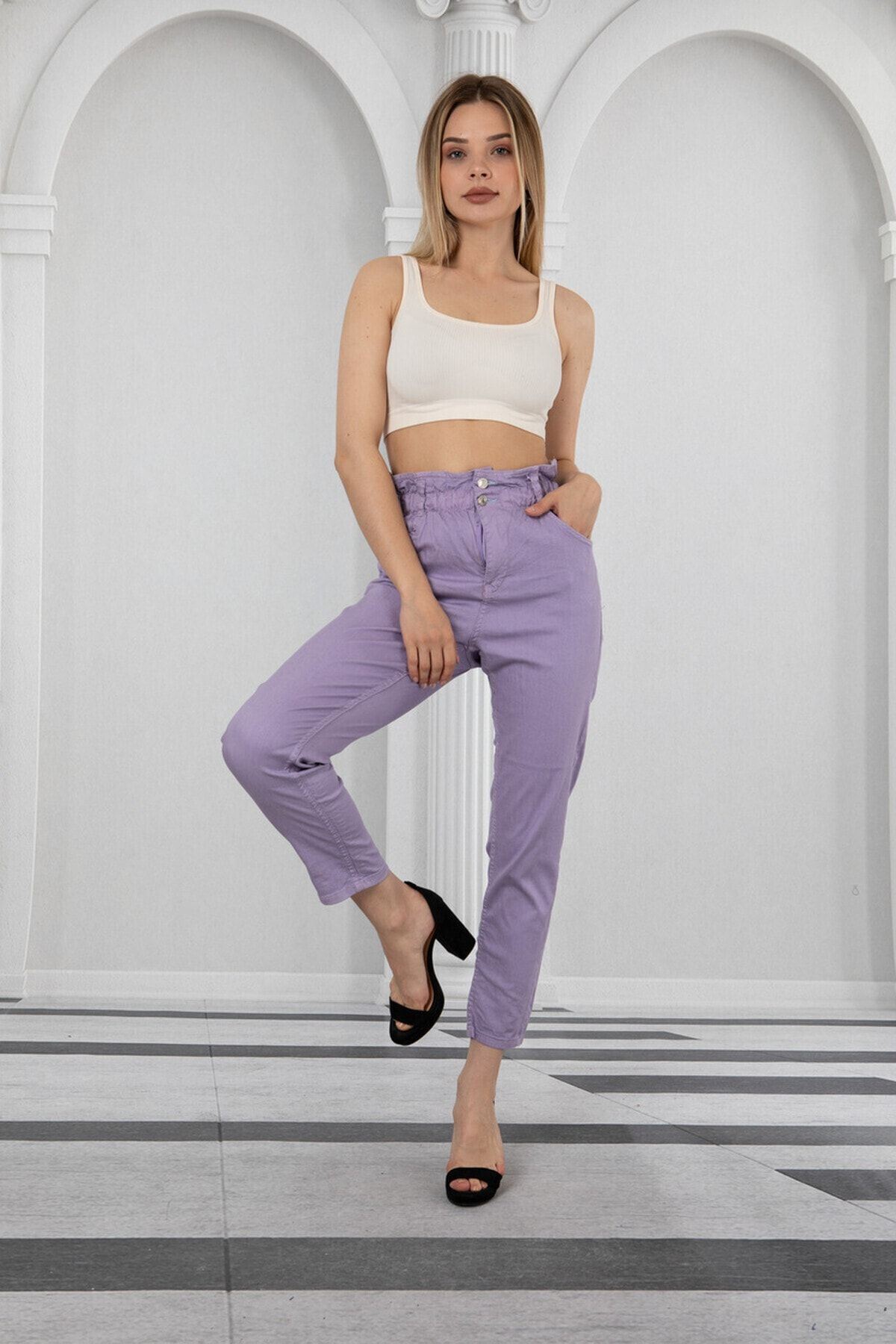 Bel Lastikli Yüksek Bel Ince Kumaş Kot Pantolon