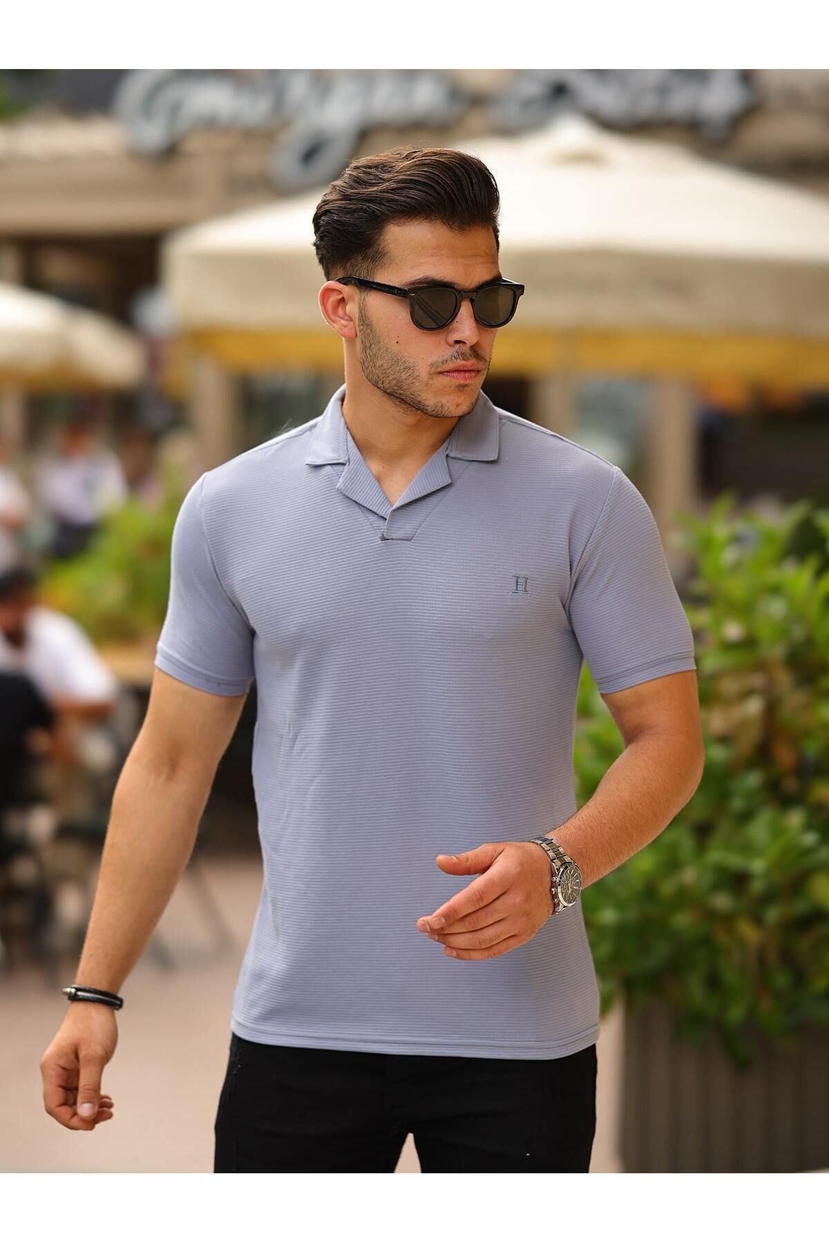 Erkek Slim Fit Waffle Kumaş Patlı ( V ) T-Shirt