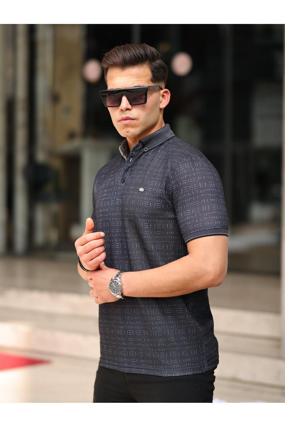 Erkek Kıvrılmaz Polo Yaka Cepsiz Slim Fit Desenli T-shirt