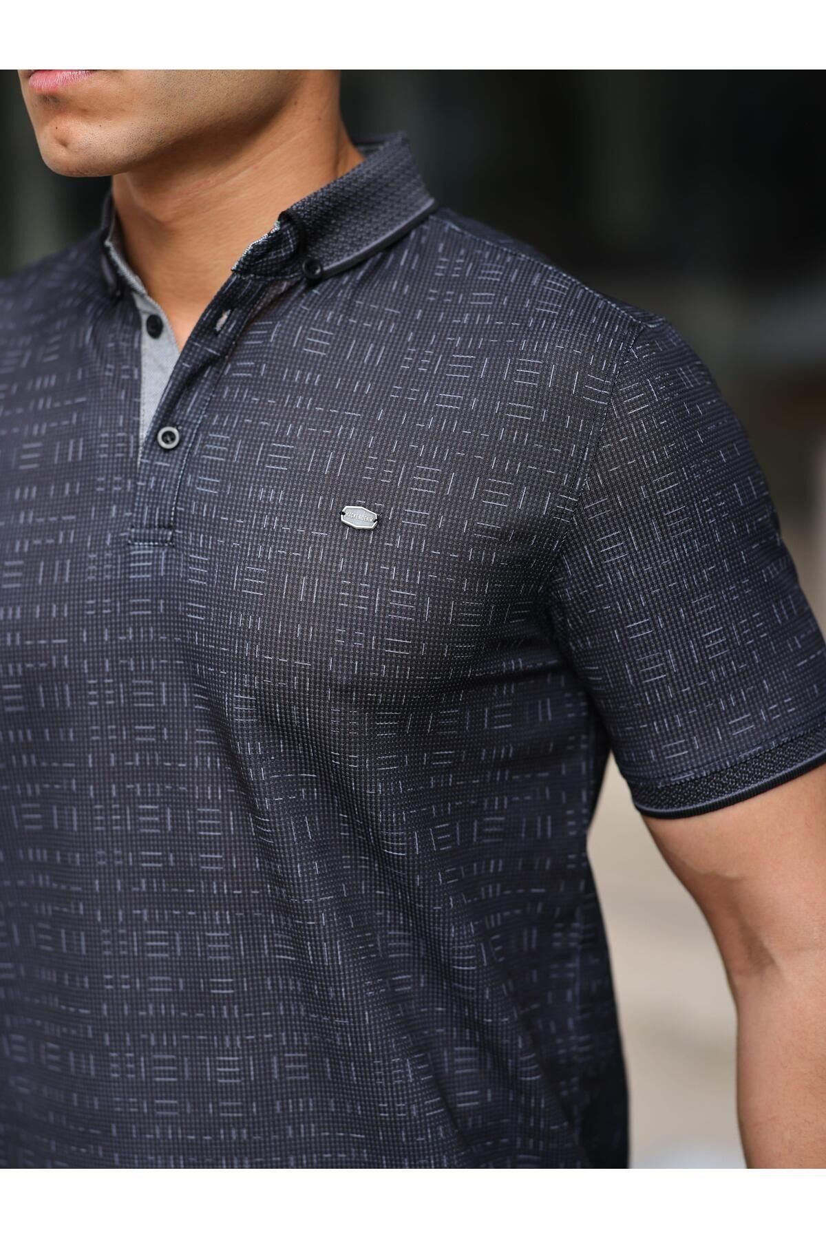 Erkek Kıvrılmaz Polo Yaka Cepsiz Slim Fit Desenli T-shirt