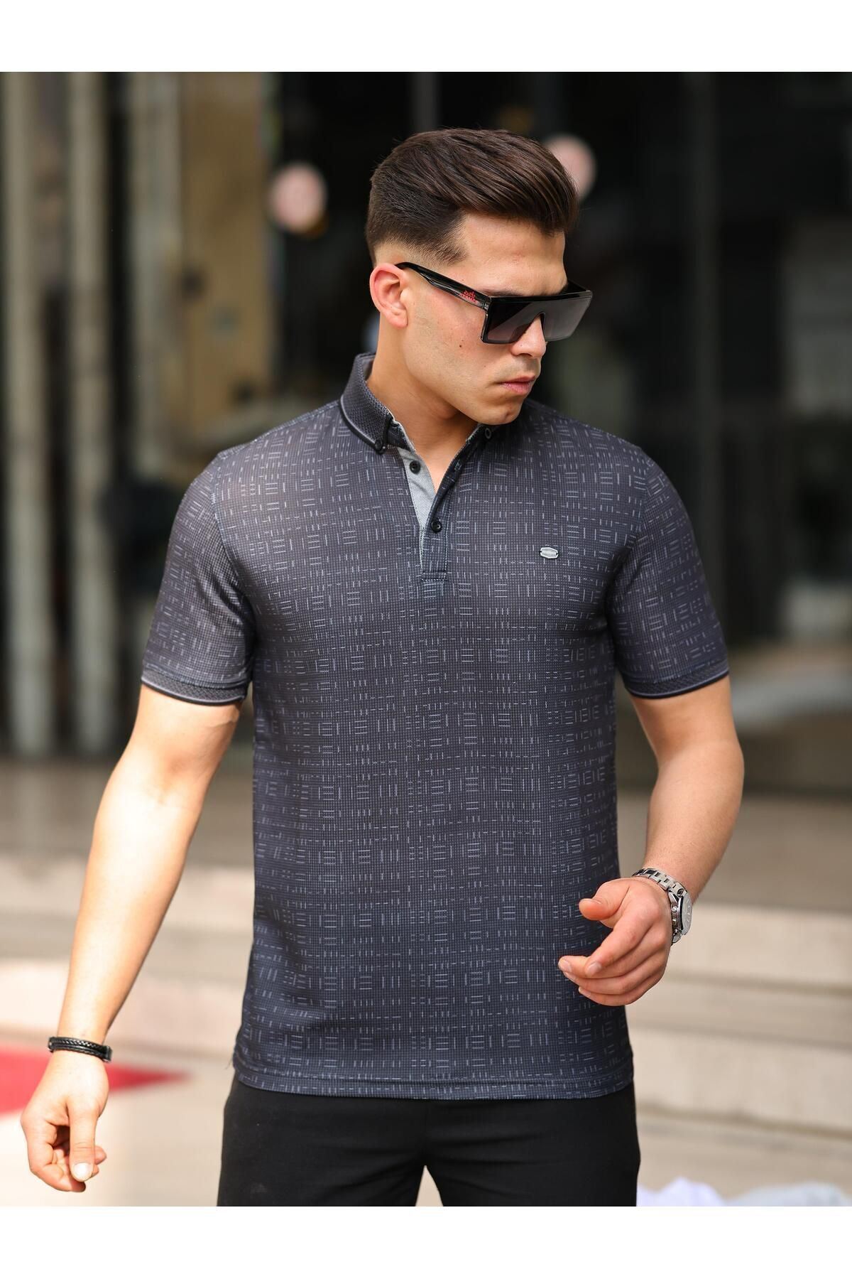 Erkek Kıvrılmaz Polo Yaka Cepsiz Slim Fit Desenli T-shirt