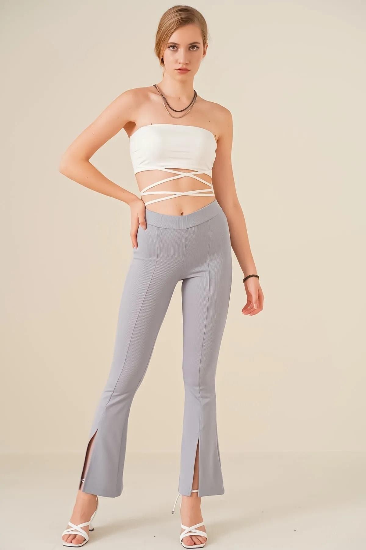 Kadın Çizgili Yırtmaçlı Gri Ispanyol Paça Pantolon