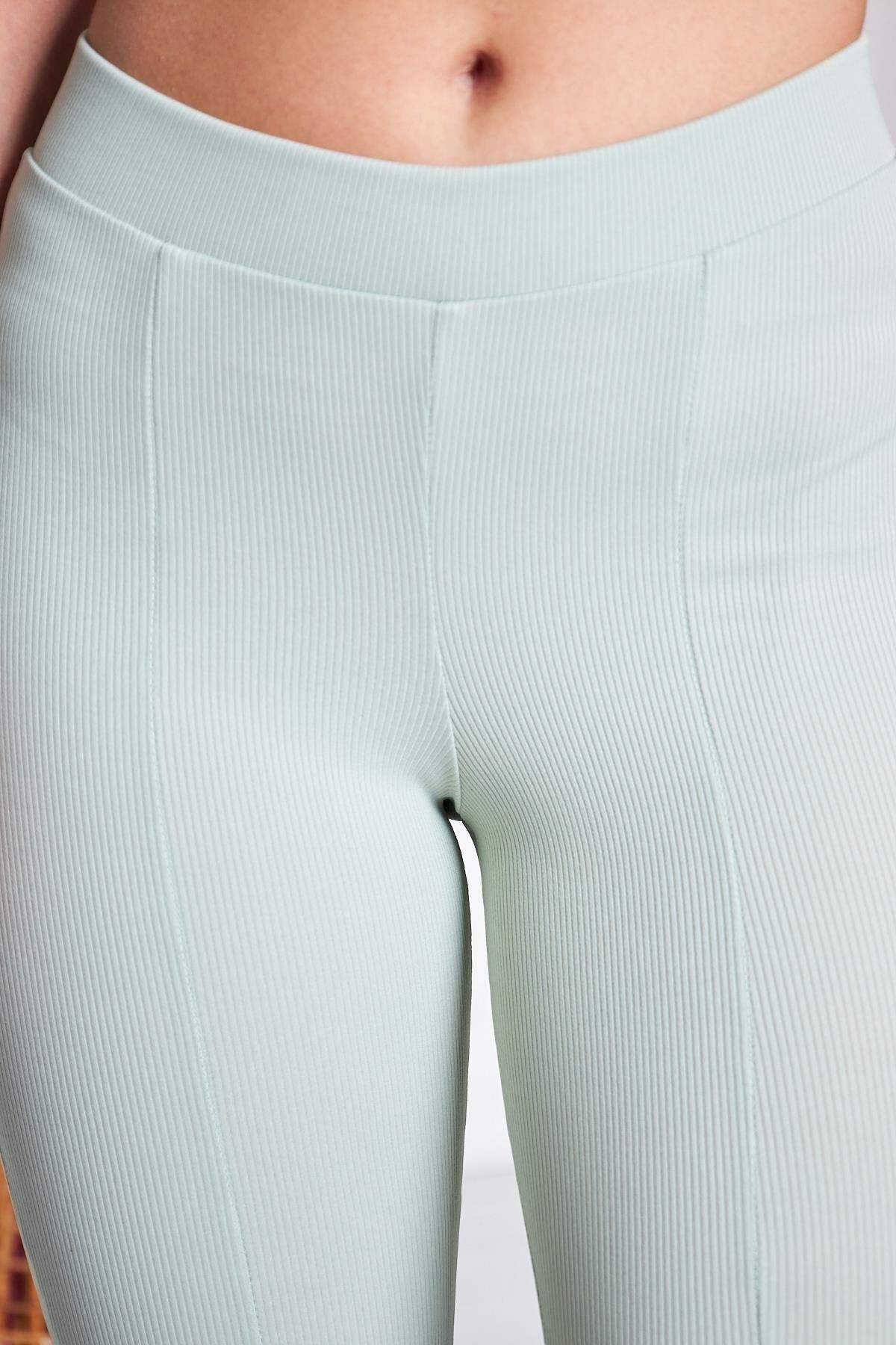 Kadın Çizgili Yırtmaçlı Su Yeşili Ispanyol Paça Pantolon