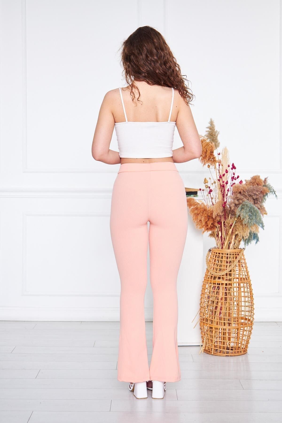 Kadın Çizgili Yırtmaçlı Pudra Ispanyol Paça Pantolon