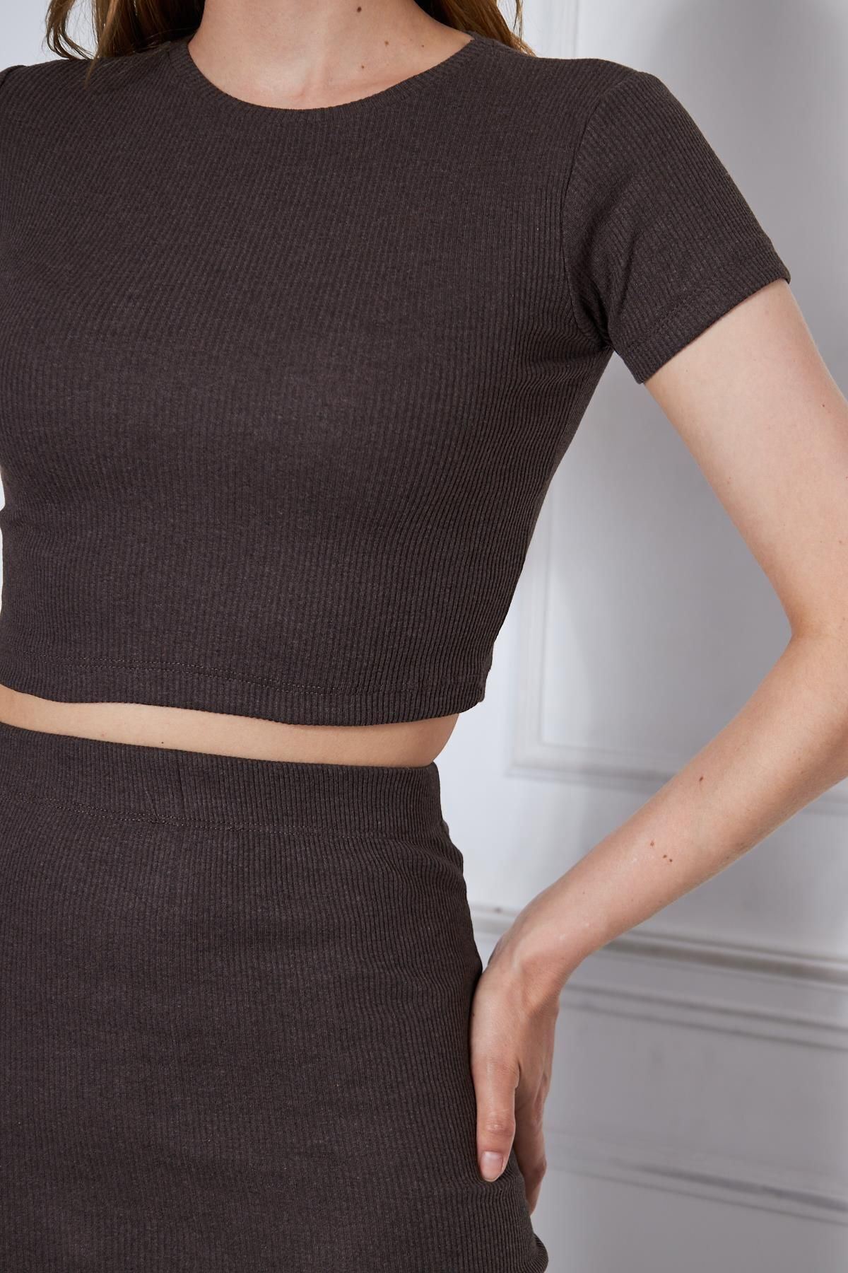 Kadın Crop Ve Yırtmaçlı Etek Kahve Ikili Takım