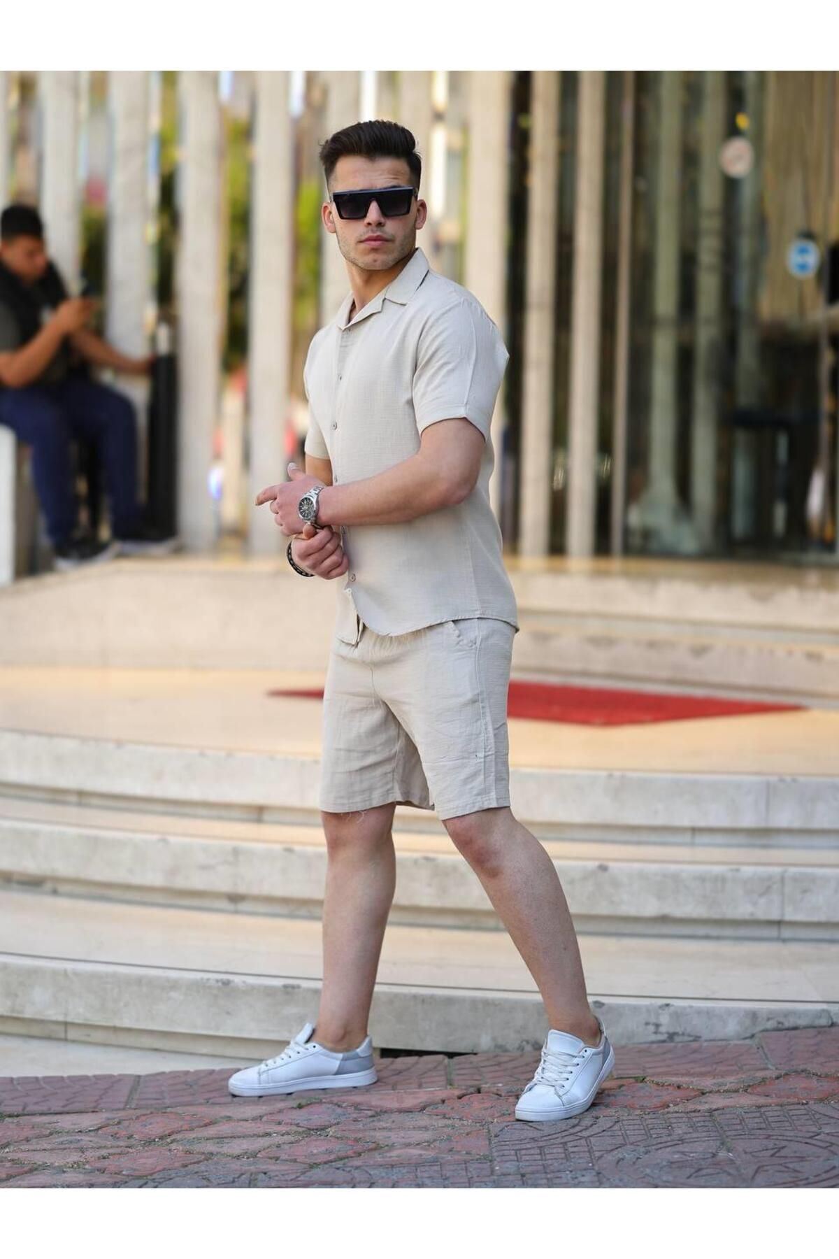 Müslin Keten Kumaş Şort Gömlek Takım