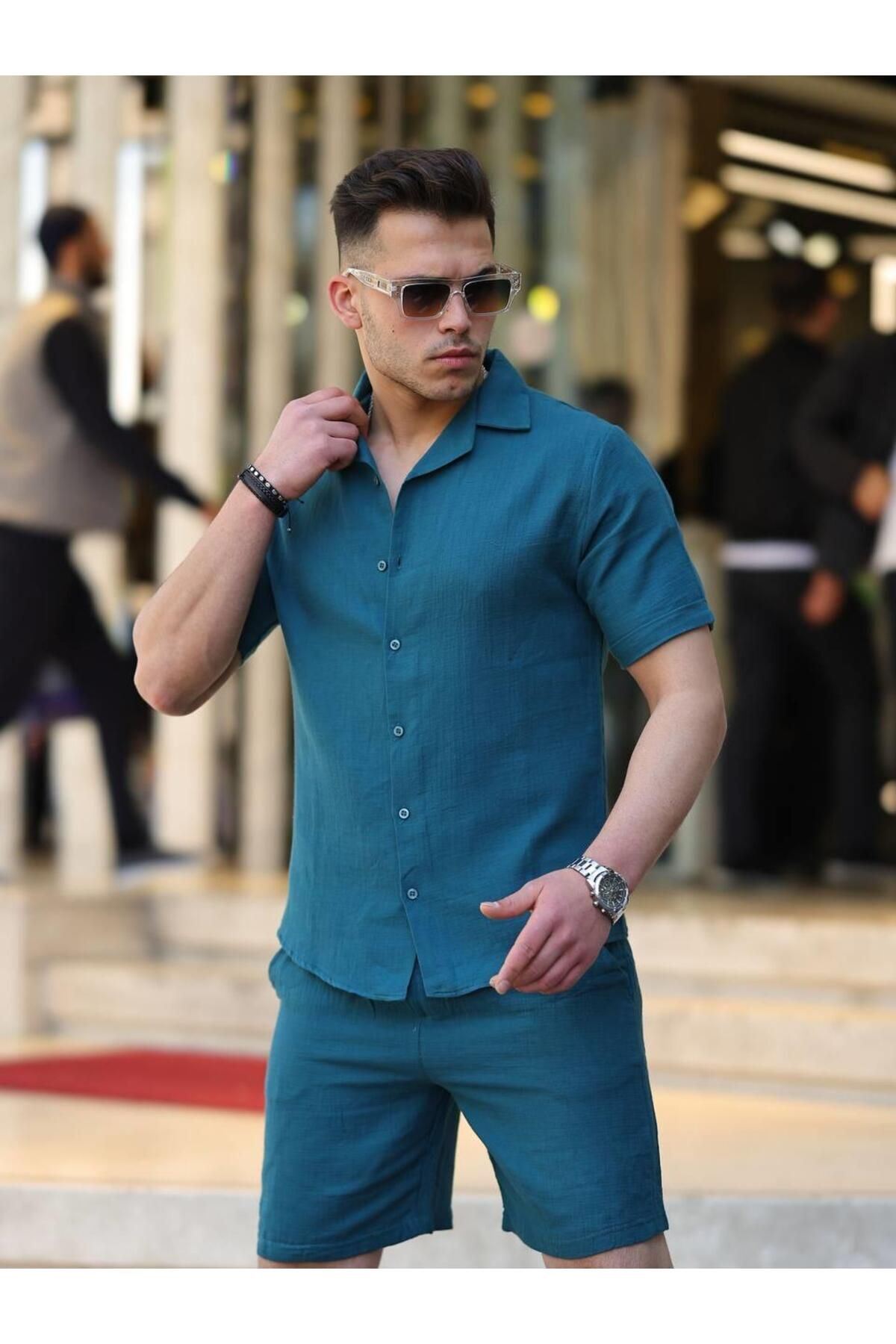 Müslin Keten Kumaş Şort Gömlek Takım