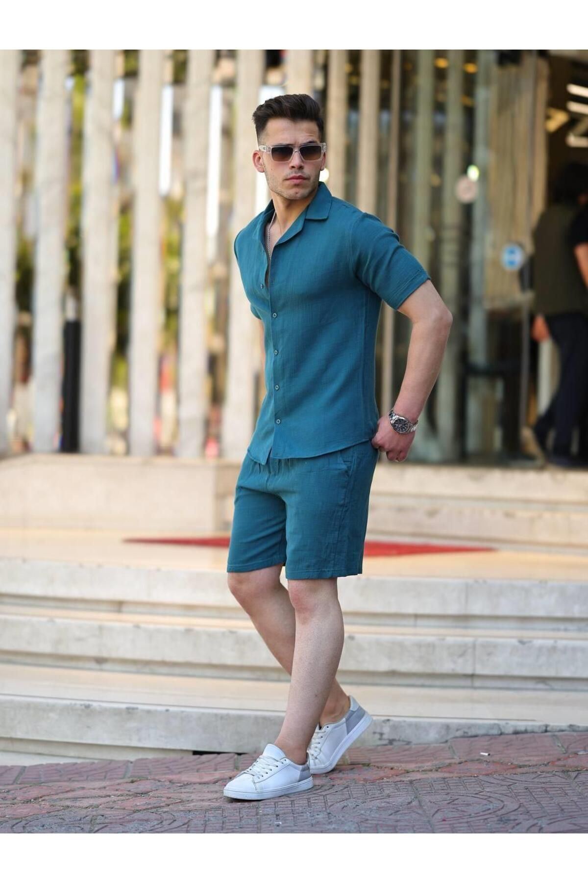 Müslin Keten Kumaş Şort Gömlek Takım