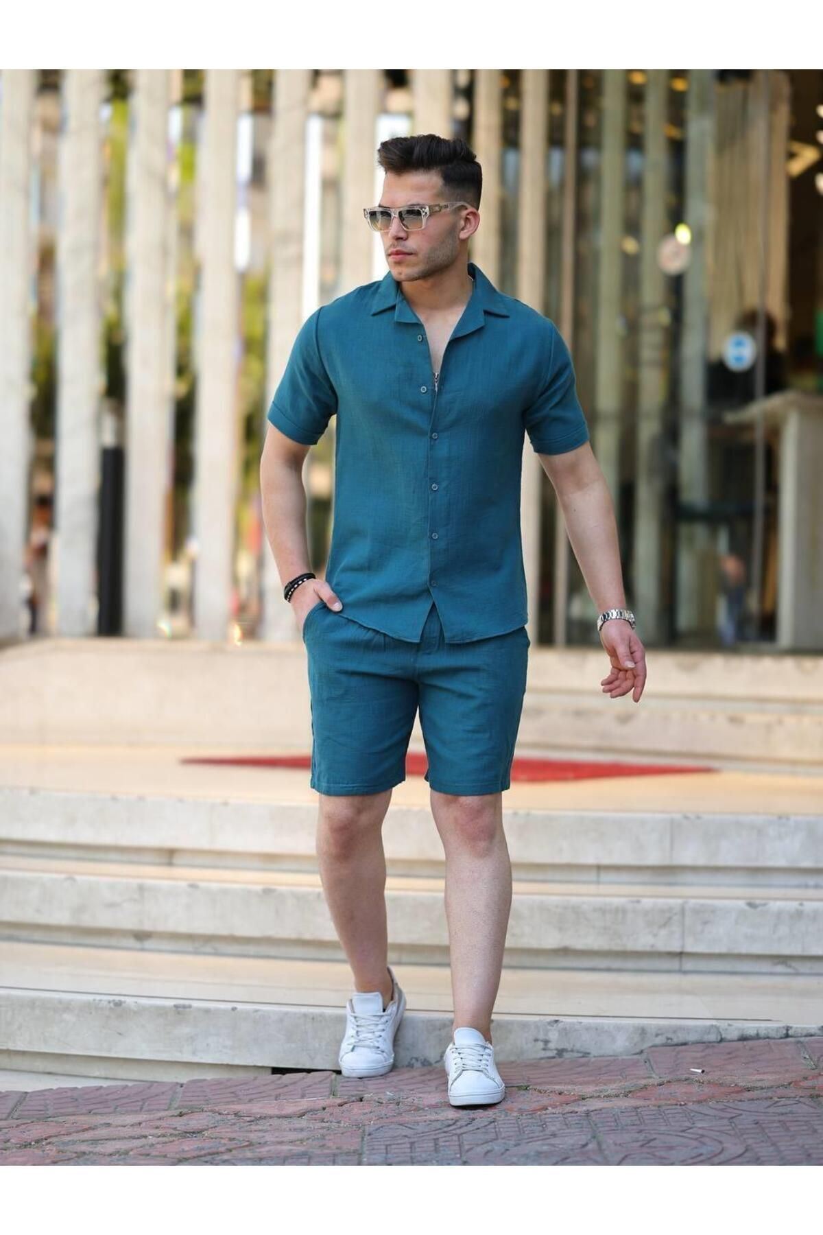 Müslin Keten Kumaş Şort Gömlek Takım