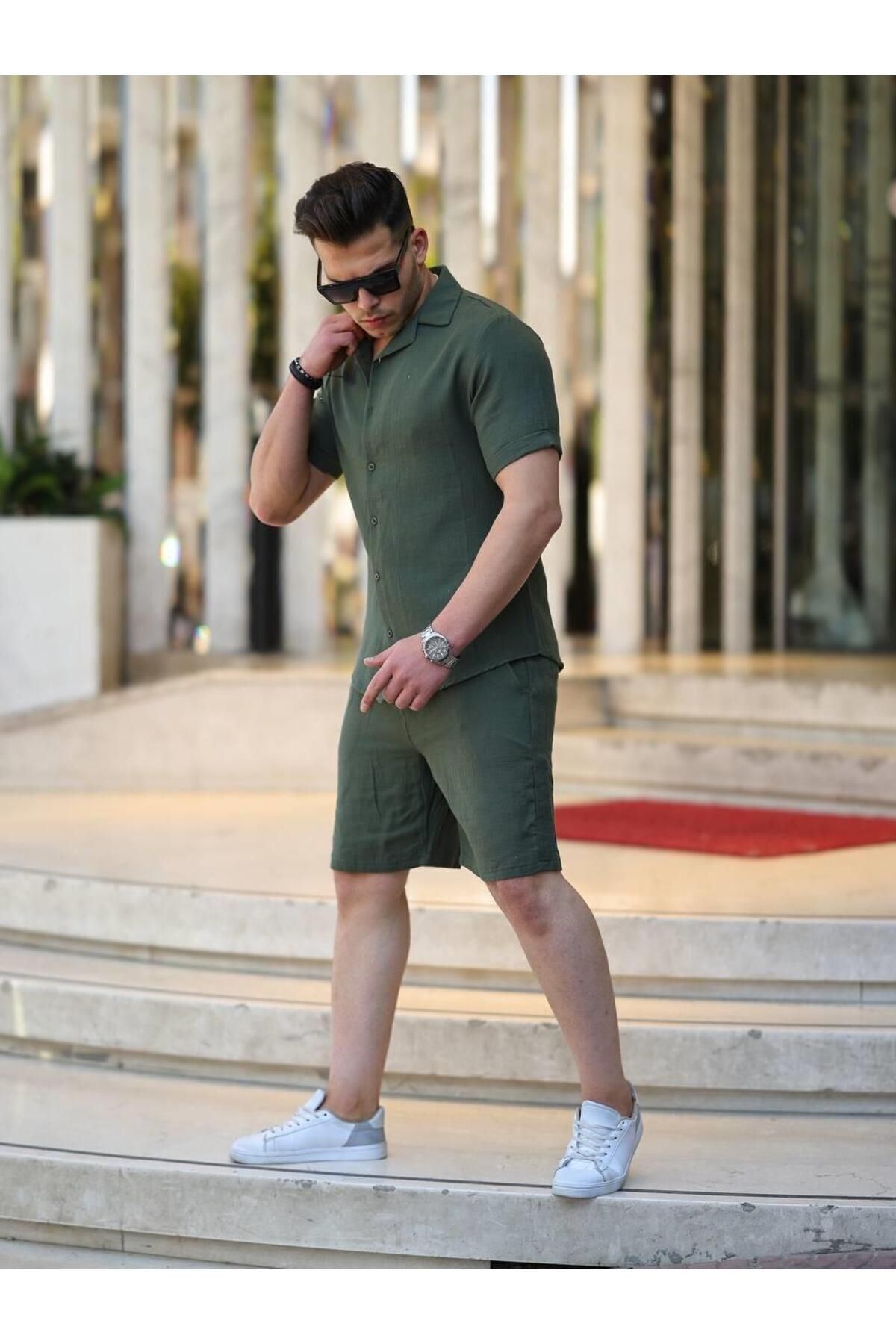 Müslin Keten Kumaş Şort Gömlek Takım