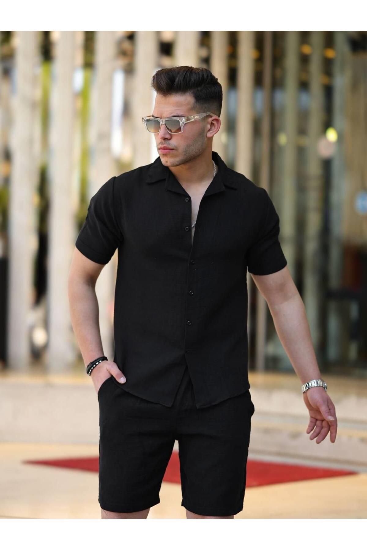 Erkek Müslin Basic Şort Gömlek Yakası Siyah Ikili Takım