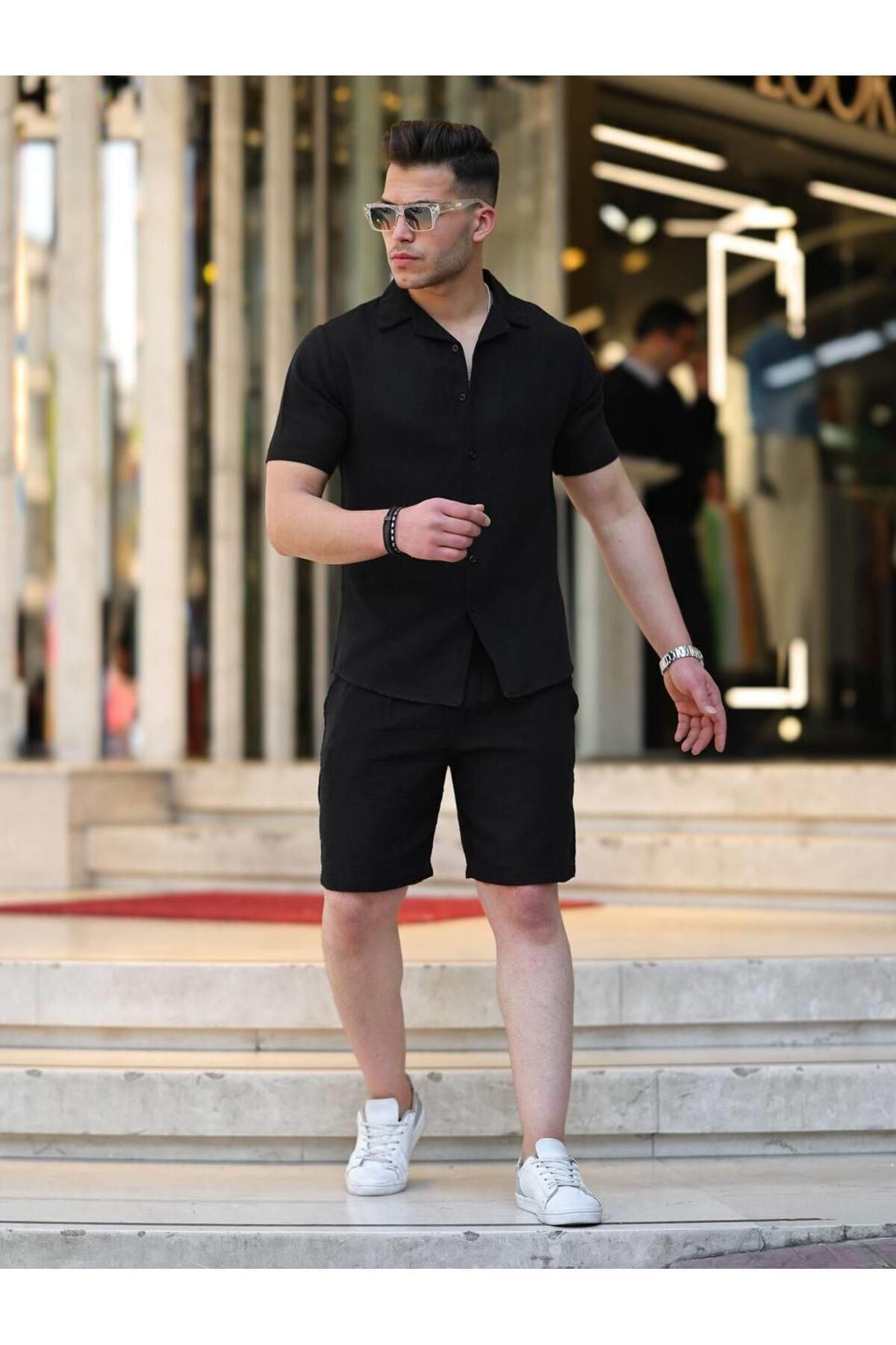 Erkek Müslin Basic Şort Gömlek Yakası Siyah Ikili Takım