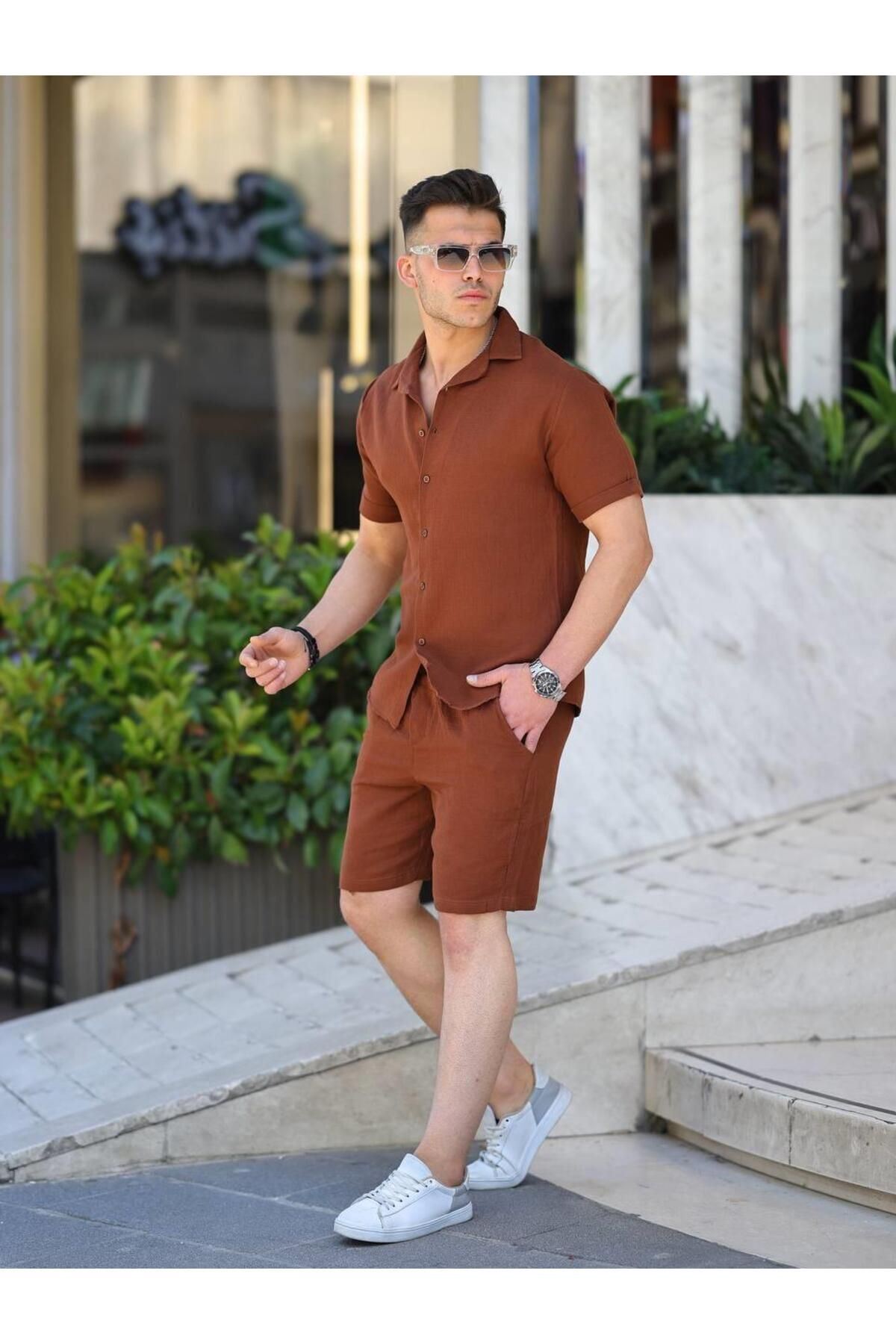 Müslin Keten Kumaş Şort Gömlek Takım