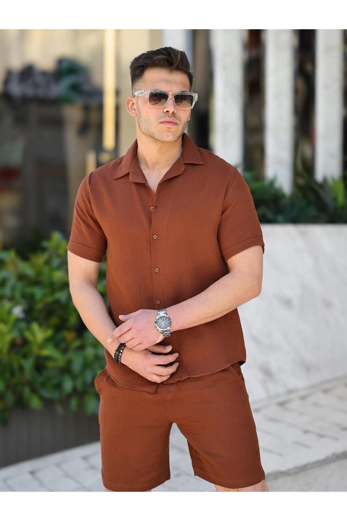 Müslin Keten Kumaş Şort Gömlek Takım