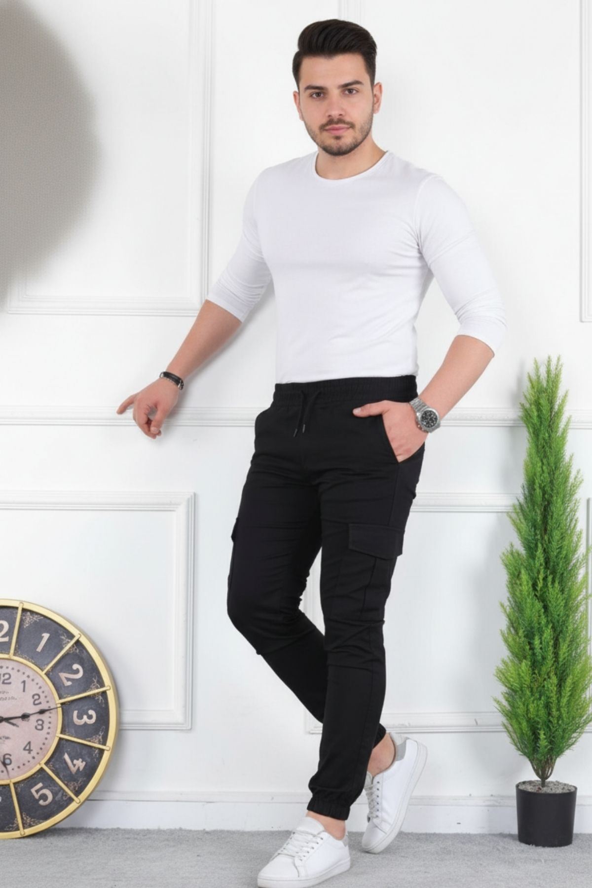 Erkek Yıkamalı Likralı Kumaş Kargo Bel Paça Lastikli