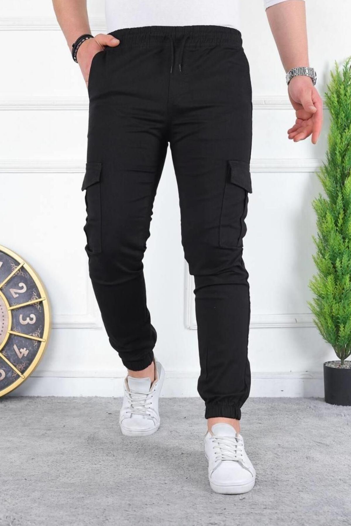 Erkek Yıkamalı Likralı Kumaş Kargo Bel Paça Lastikli