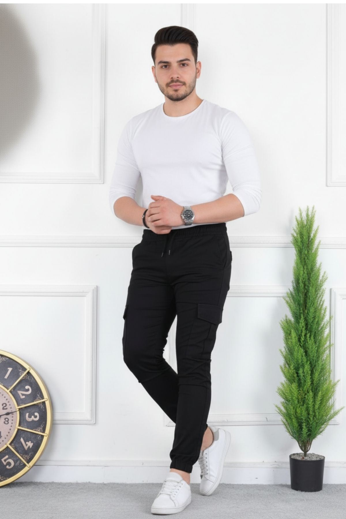 Erkek Yıkamalı Likralı Kumaş Kargo Bel Paça Lastikli