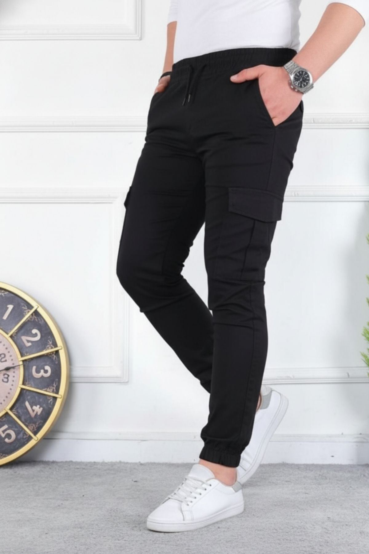 Erkek Yıkamalı Likralı Kumaş Kargo Bel Paça Lastikli