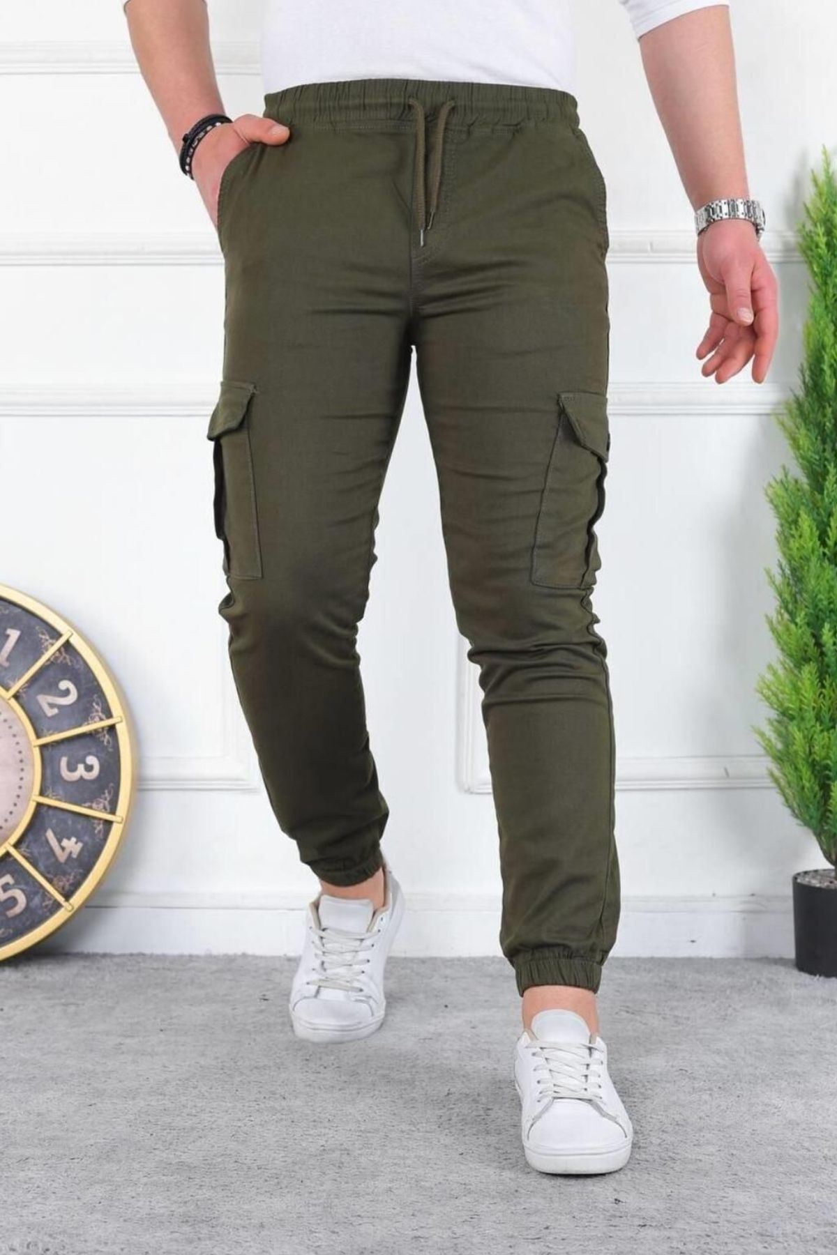 Erkek Yıkamalı Likralı Kumaş Kargo Bel Paça Lastikli
