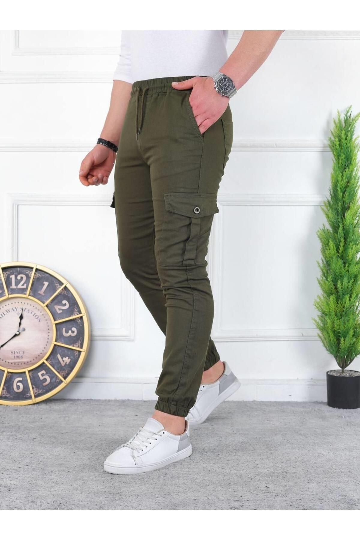 Erkek Yıkamalı Likralı Kumaş Kargo Bel Paça Lastikli