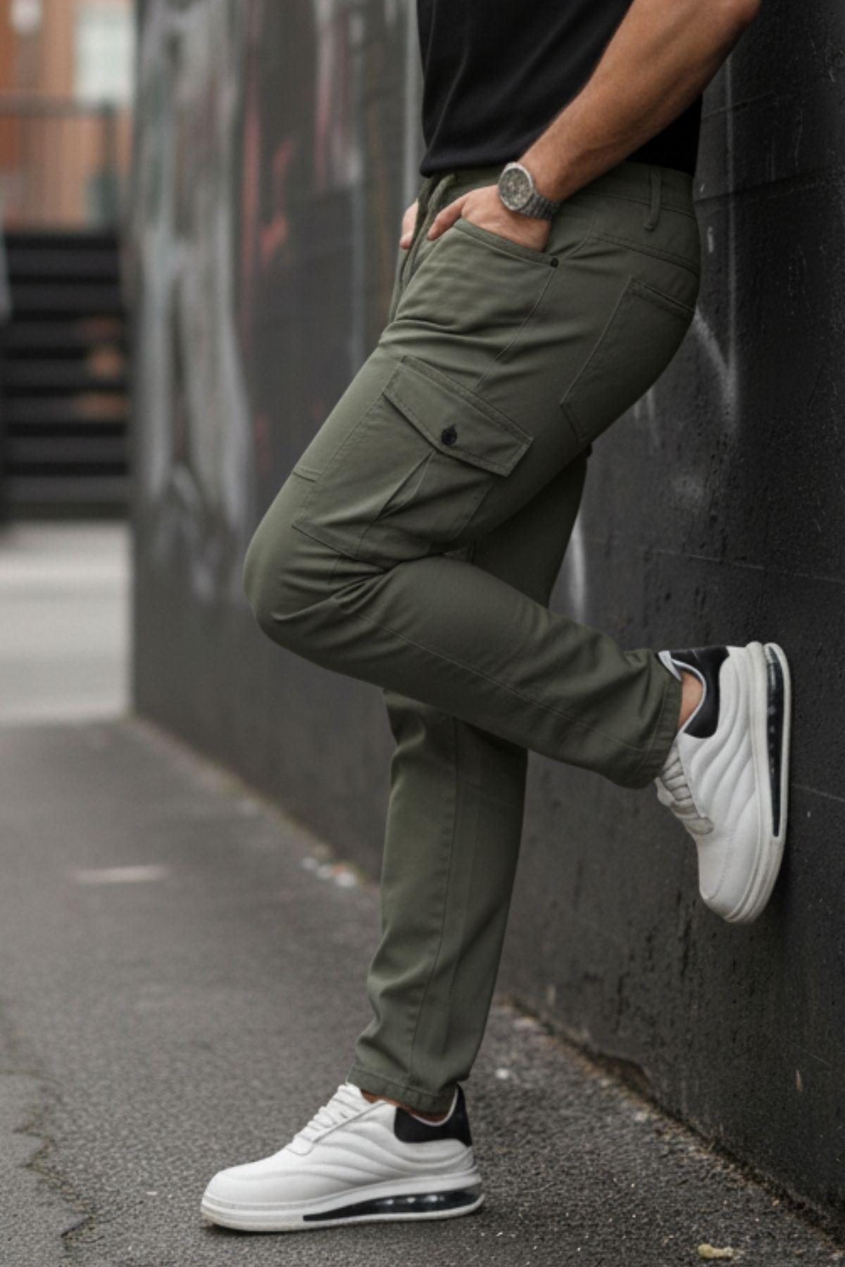 Erkek Yıkamalı Likralı Kumaş Kargo Bel Paça Lastikli