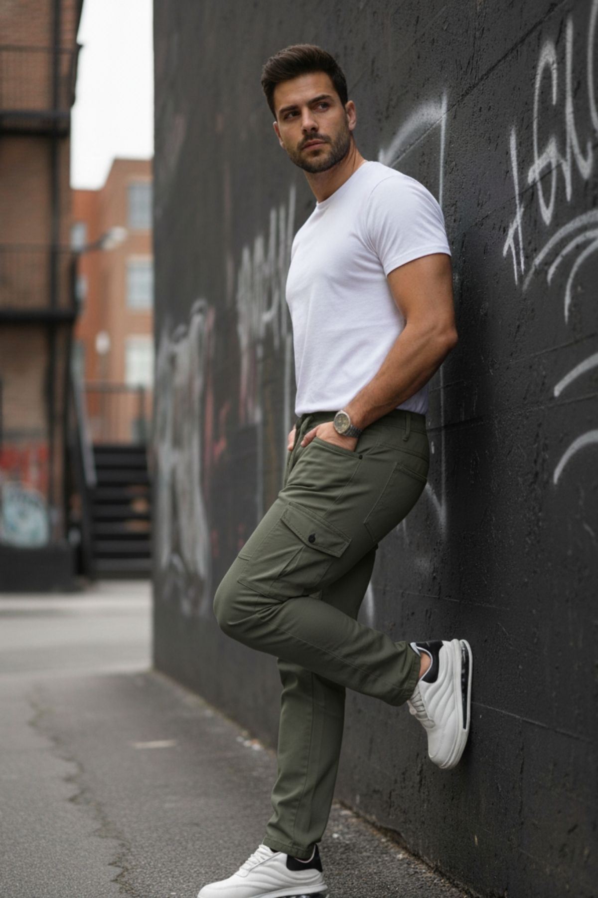 Erkek Yıkamalı Likralı Kumaş Kargo Bel Paça Lastikli