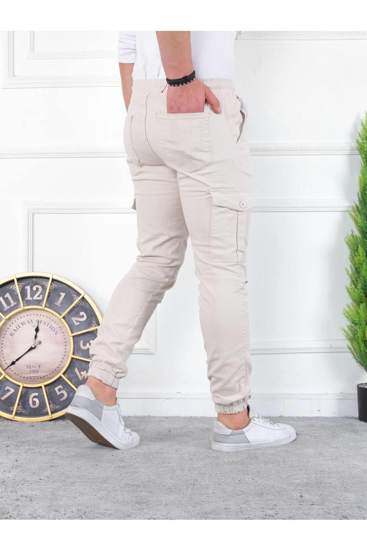 Erkek Yıkamalı Likralı Kumaş Kargo Bel Paça Lastikli