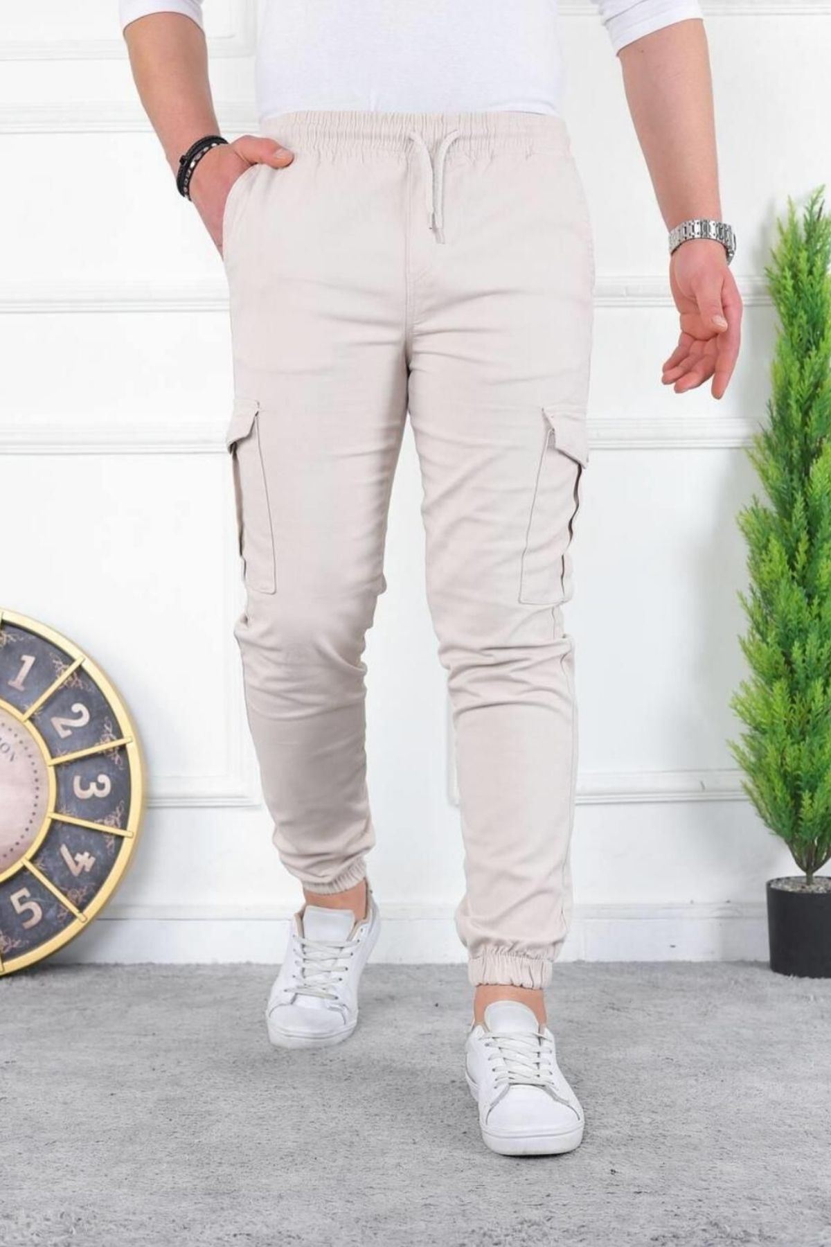 Erkek Yıkamalı Likralı Kumaş Kargo Bel Paça Lastikli