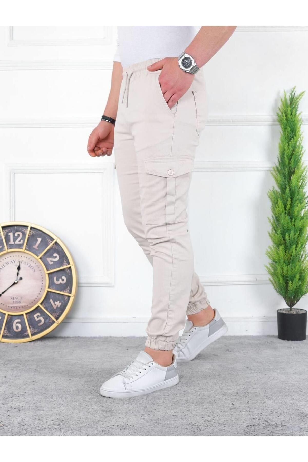 Erkek Yıkamalı Likralı Kumaş Kargo Bel Paça Lastikli