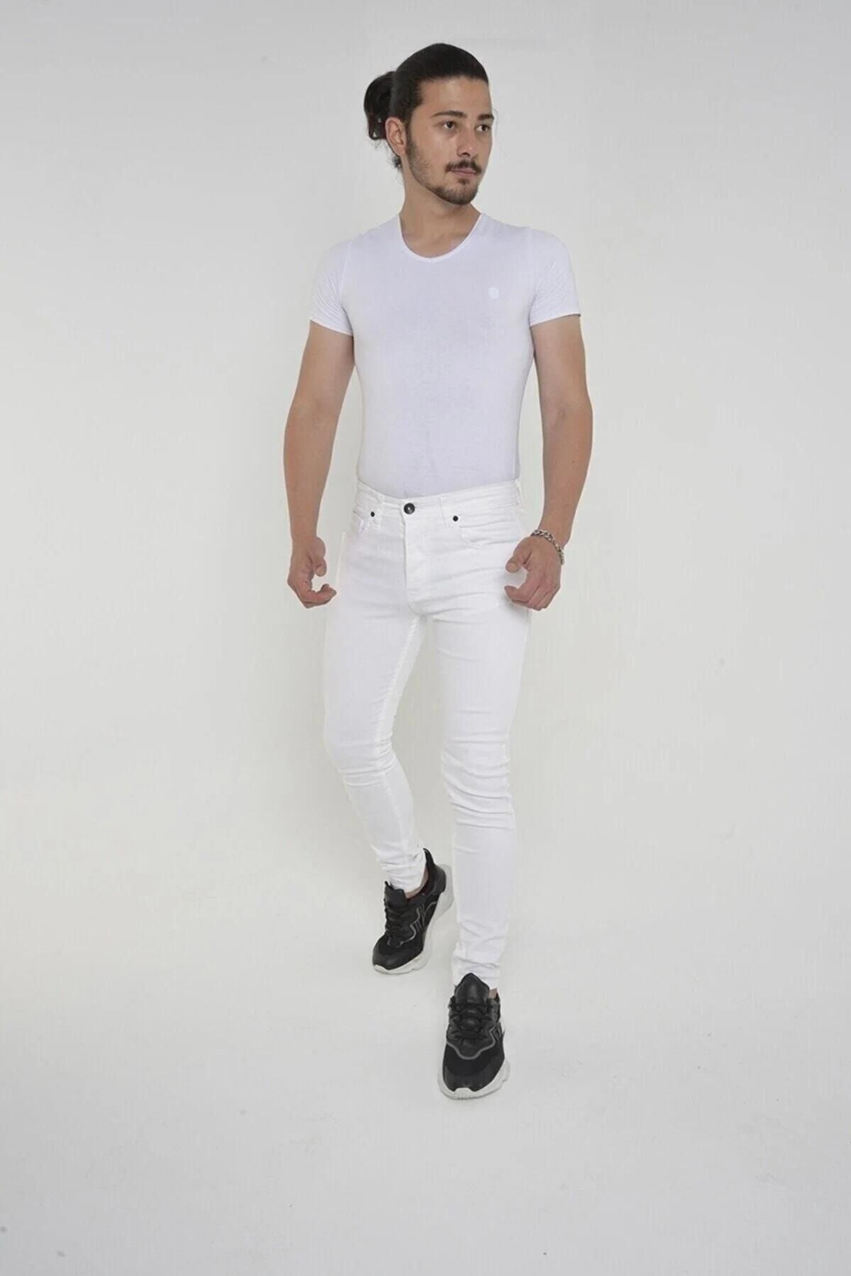 Erkek Trend Slim Fit Beyaz Kot Pantolon