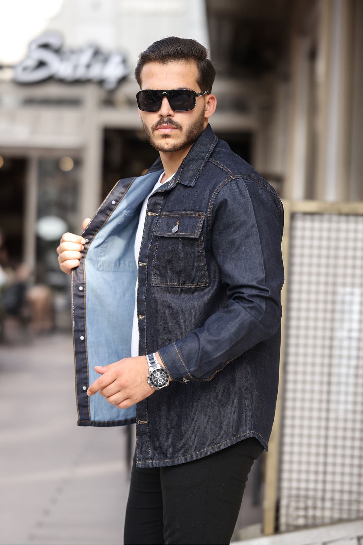 Erkek Oversize Geniş Kesim Çift Cep Denim Ceket