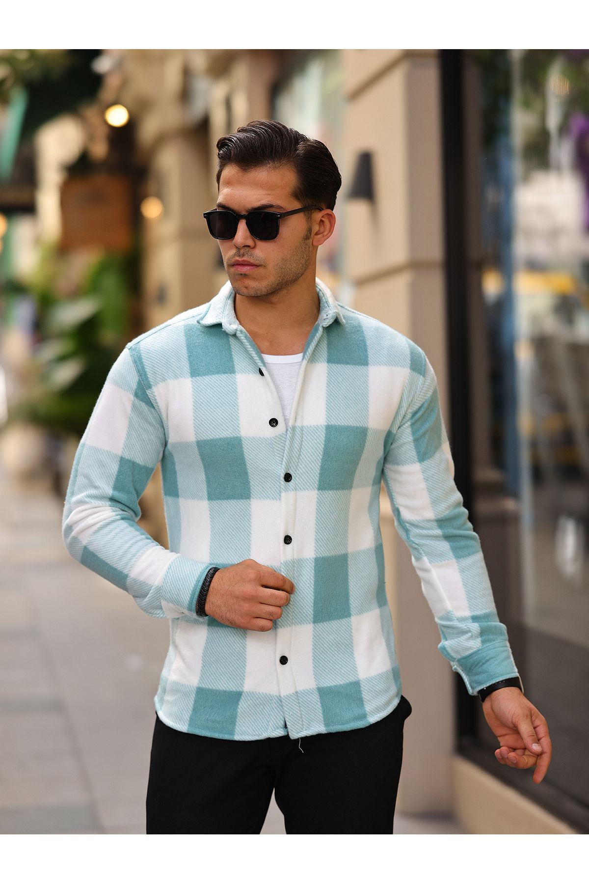 Erkek Kare Desen Polar Rahat Kalıp Gömlek