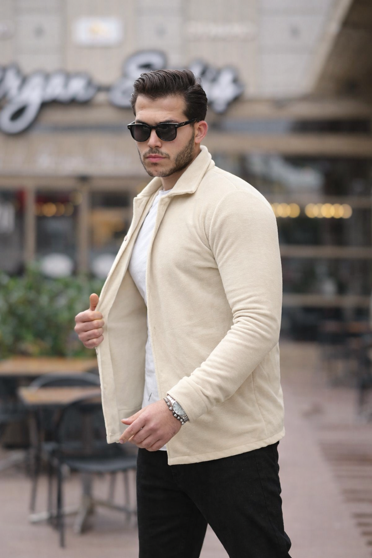 Erkek Basic Uzun Kol Dar Pamuklu Ekru Polar Gömlek