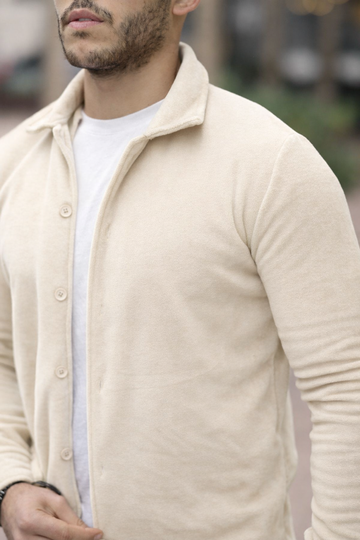 Erkek Basic Uzun Kol Dar Pamuklu Ekru Polar Gömlek