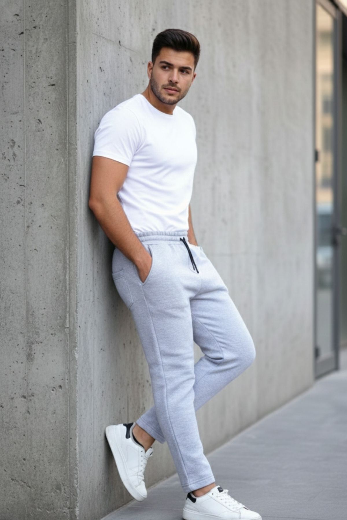 Erkek Beli Lastikli 3 Iplik Düz Paça Gri Eşofman Altı