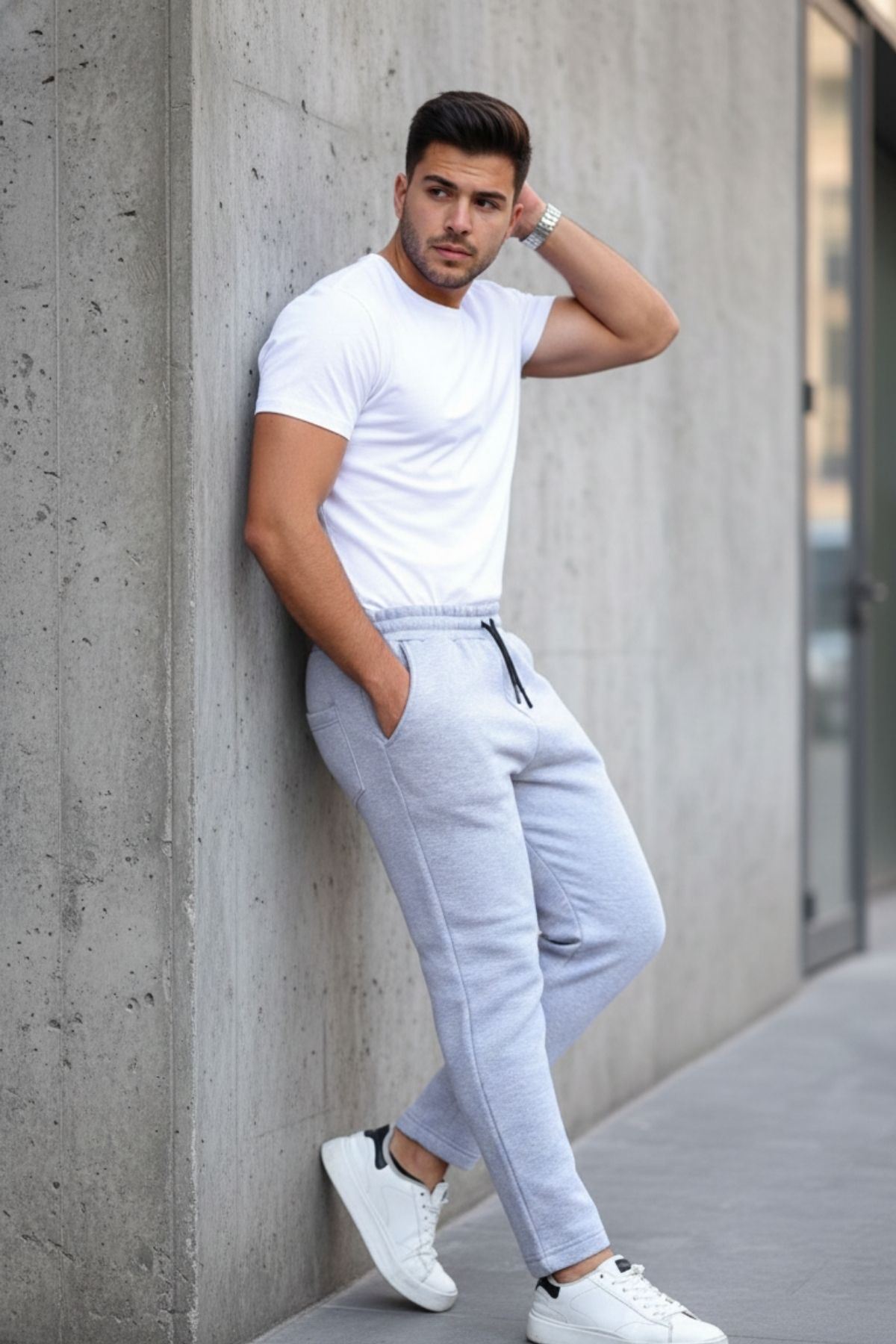 Erkek Beli Lastikli 3 Iplik Düz Paça Gri Eşofman Altı