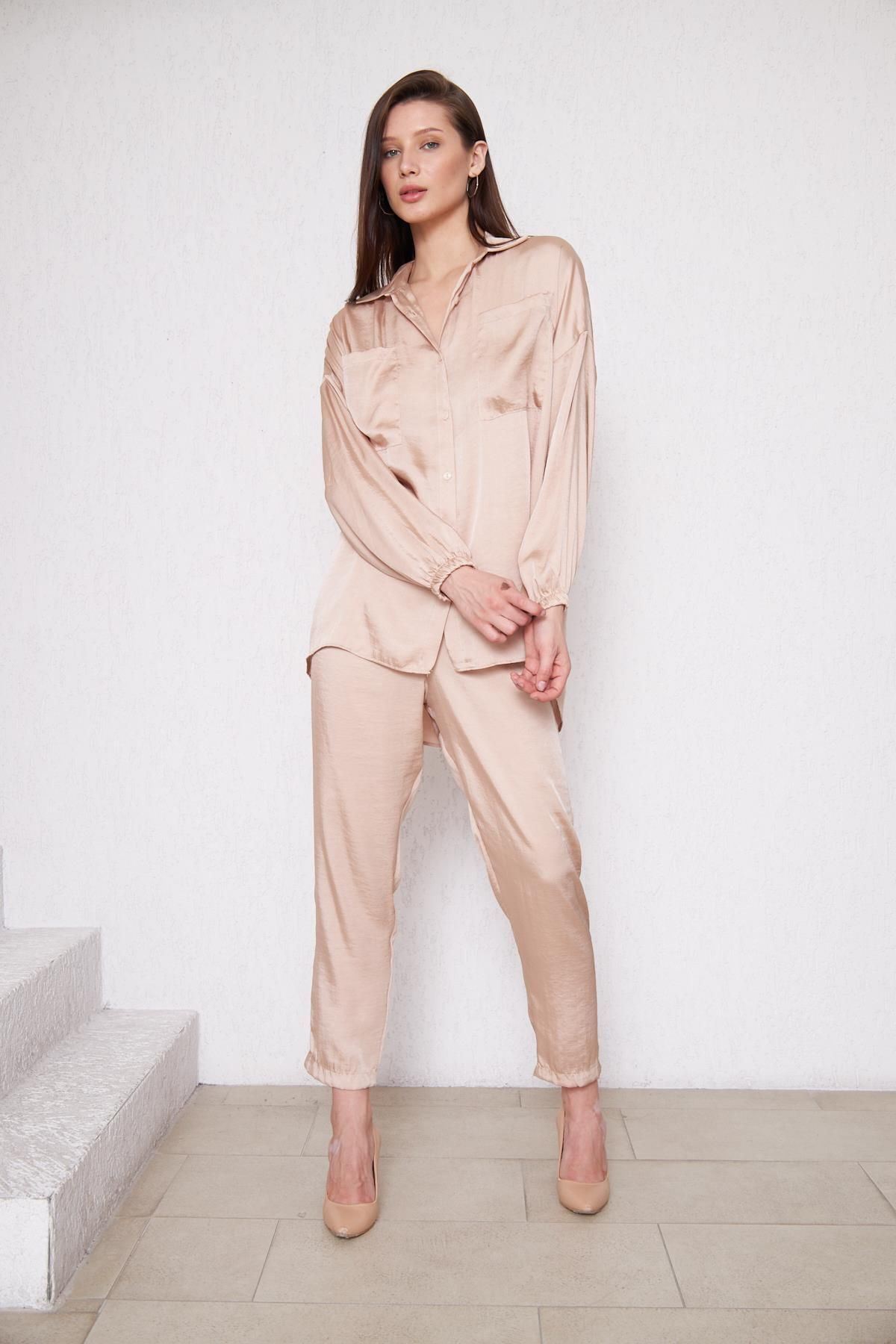 Kadın Oversize Gömlek Beli Lastikli Pantolon Bej Ikili Takım